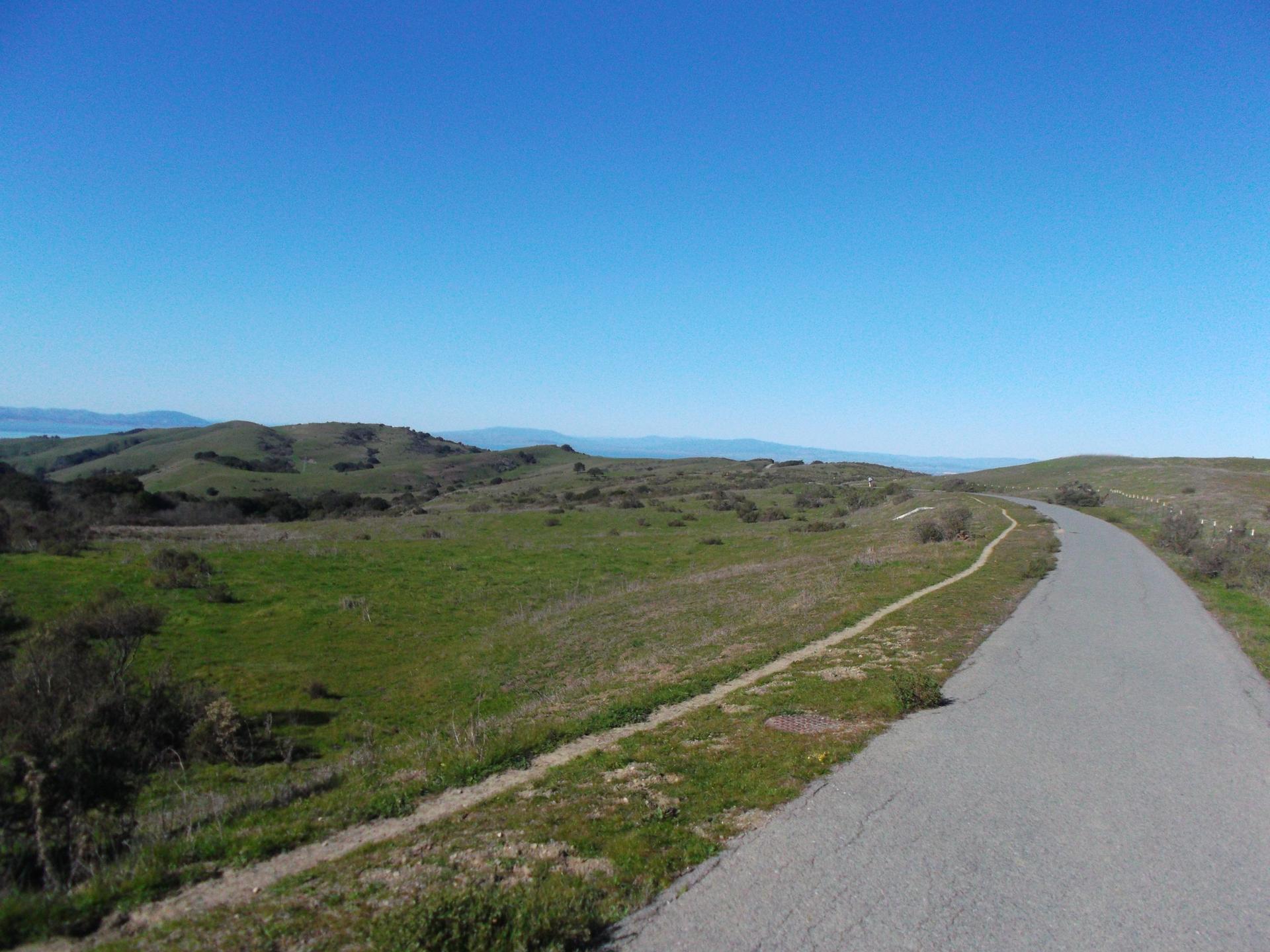 Paved road and dirt path winding through sunny, rolling green hills.