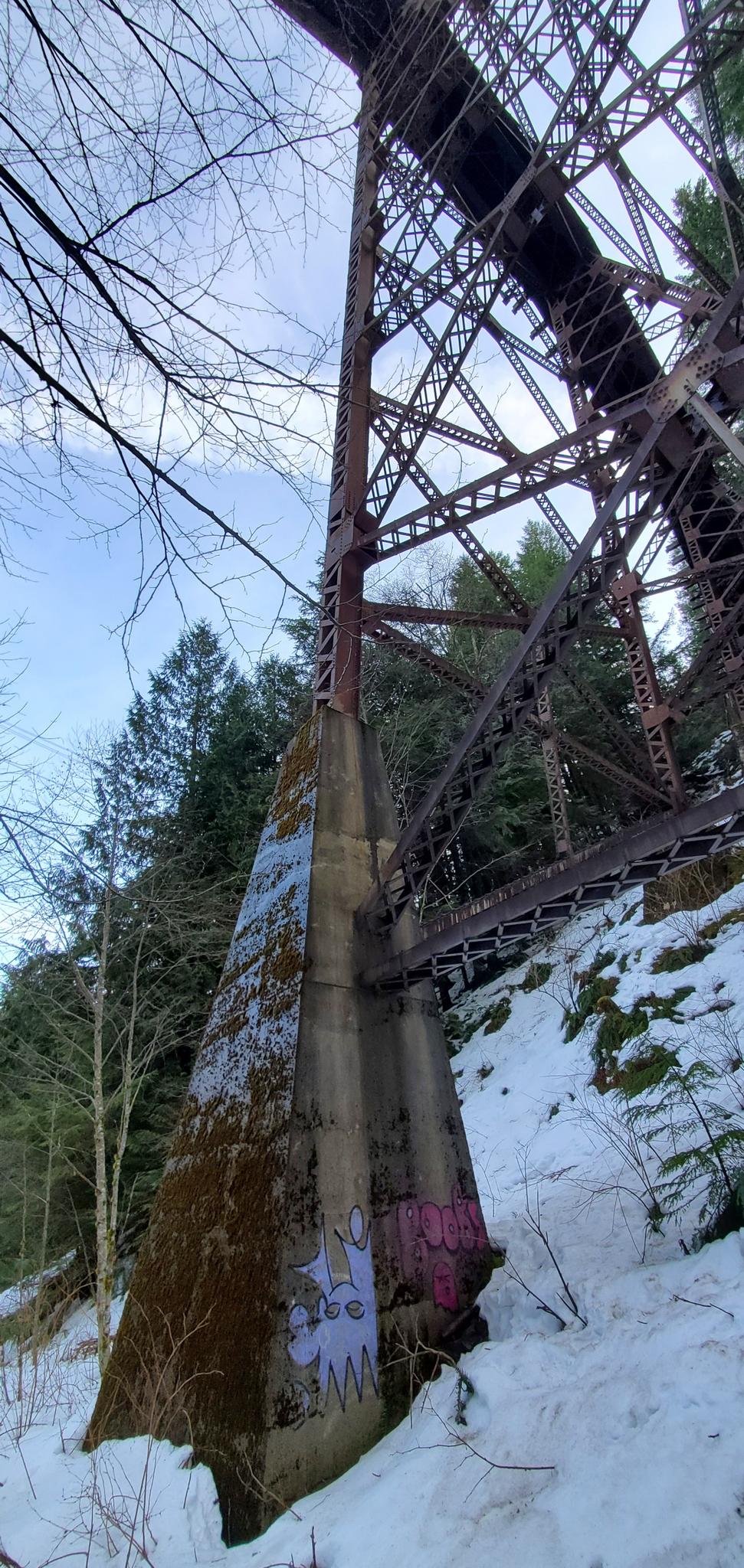 Rusty metal bridge structure over snowy ground with evergreen trees under a cloudy sky.