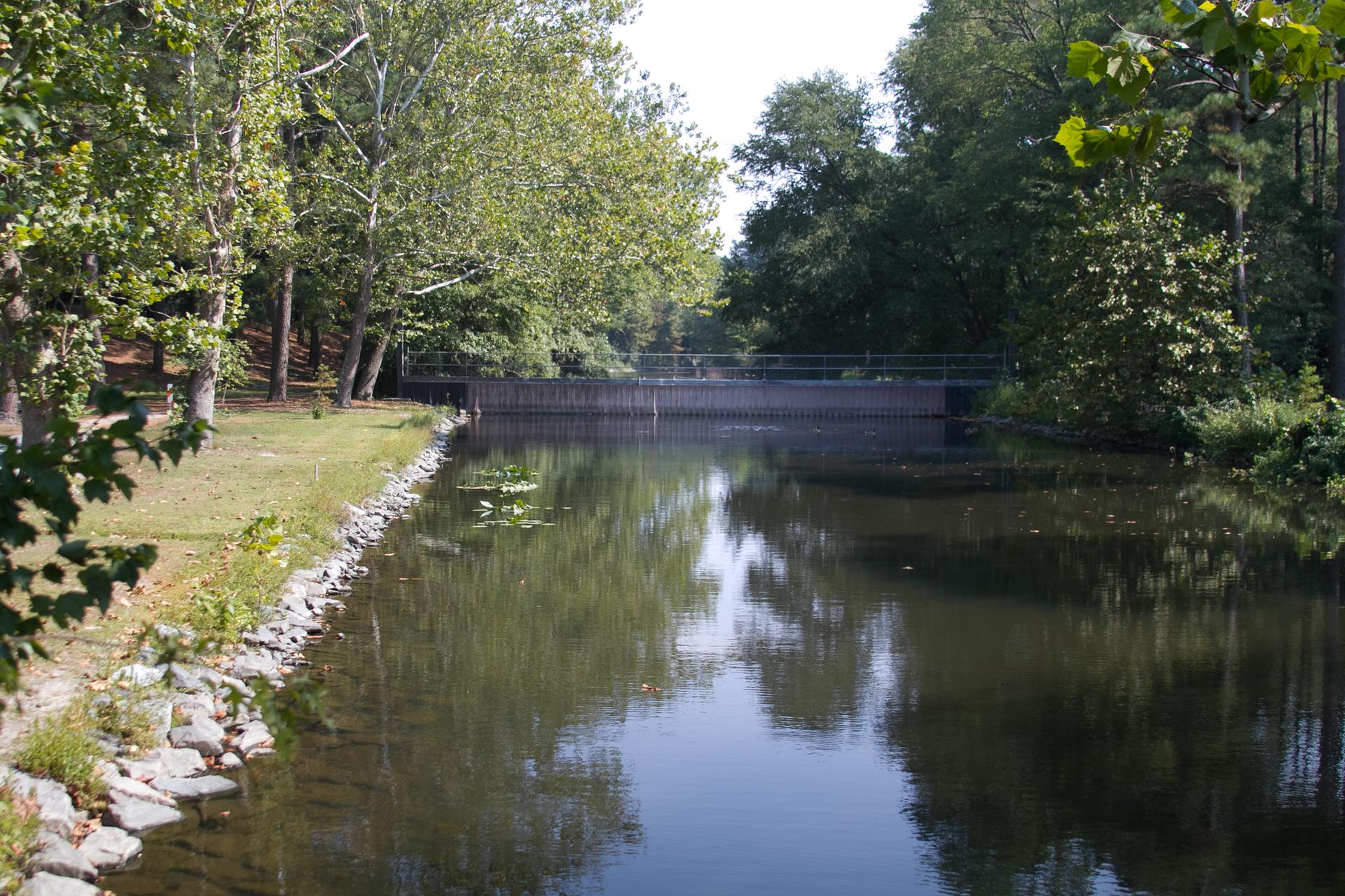 Serene waterway reflecting green trees, with a small bridge in bright daylight.