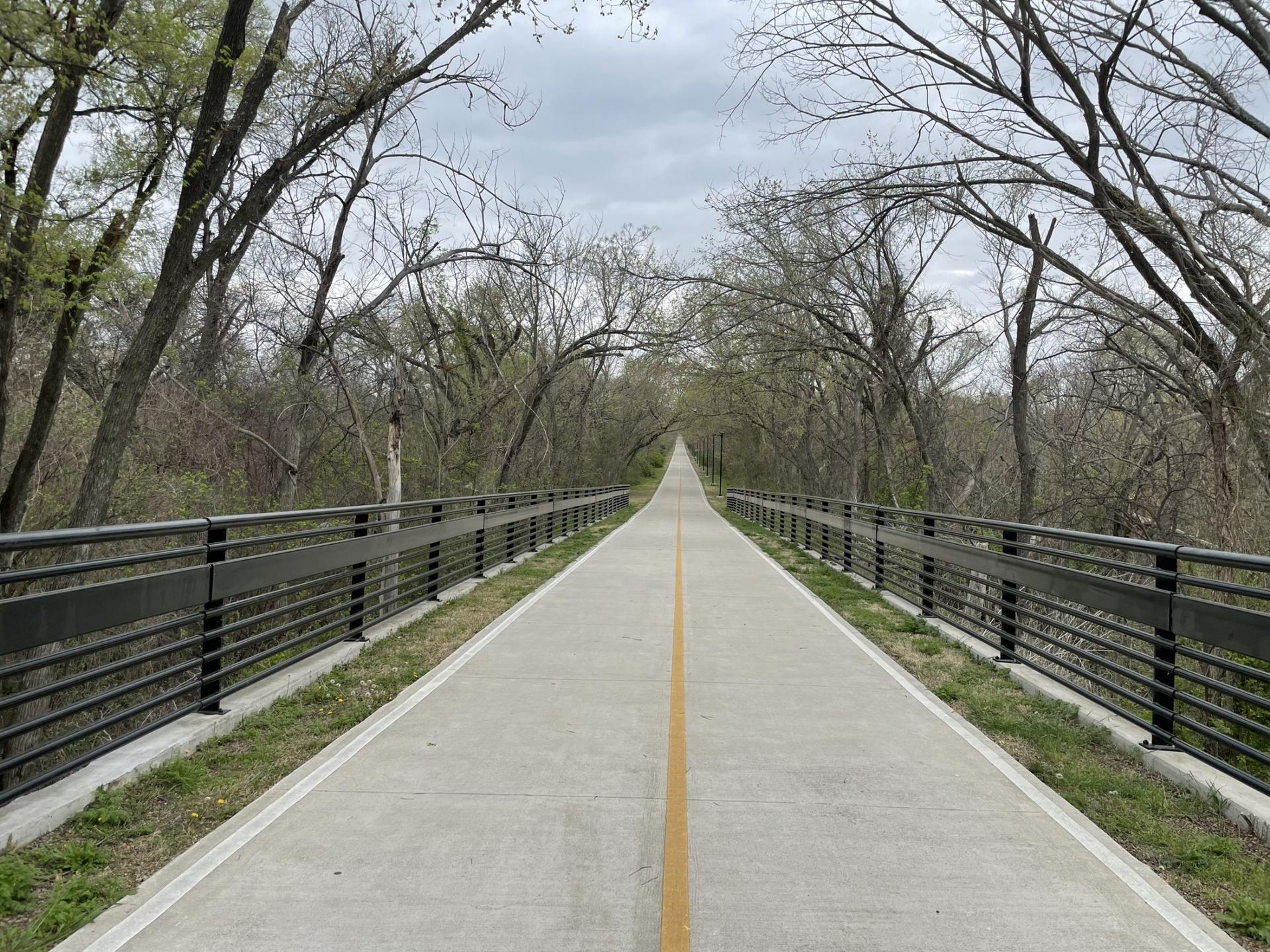 Long paved path with railings and bare trees under an overcast sky.