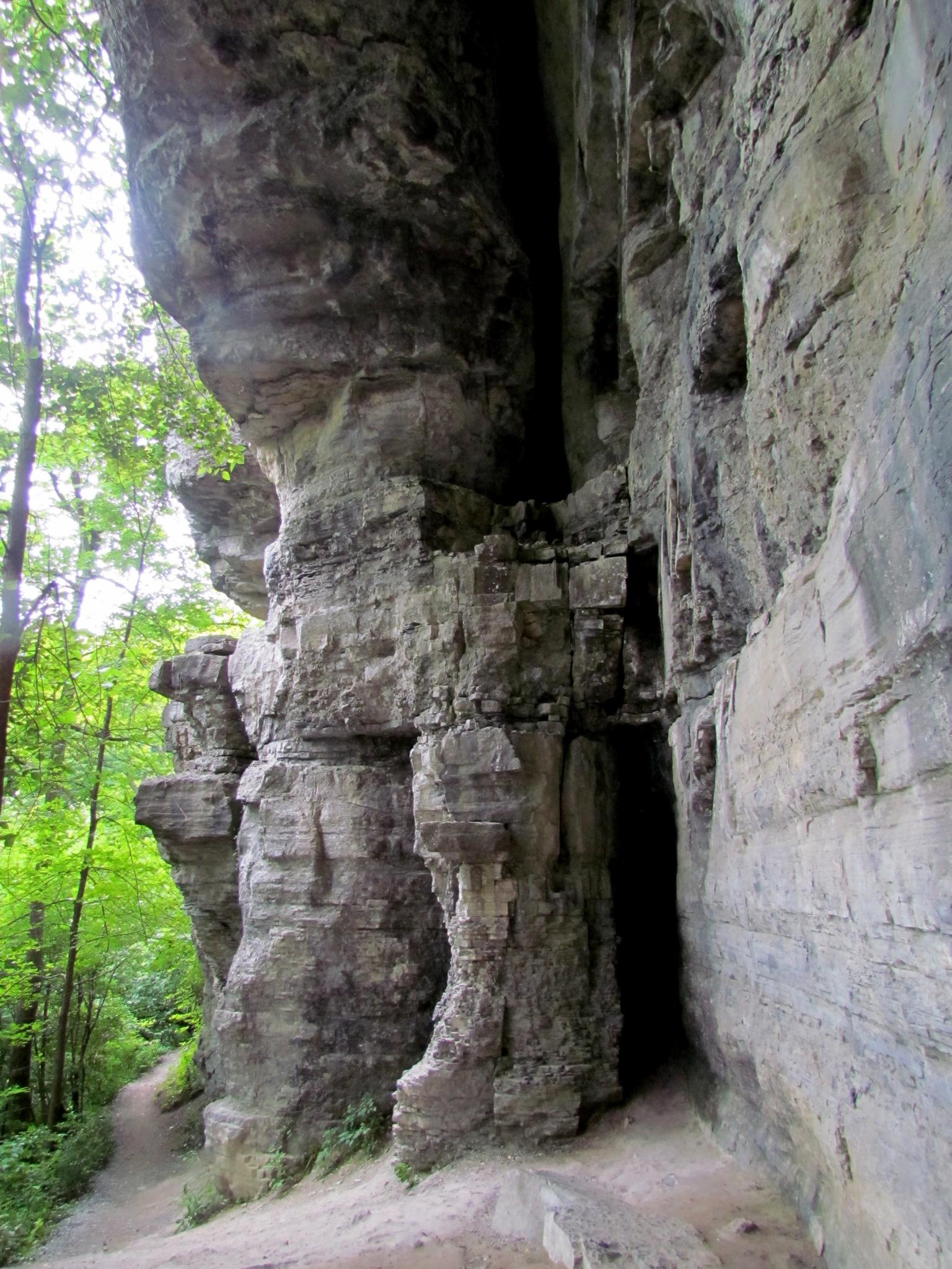 Shady path winding beneath a massive, layered rock overhang in a forest.