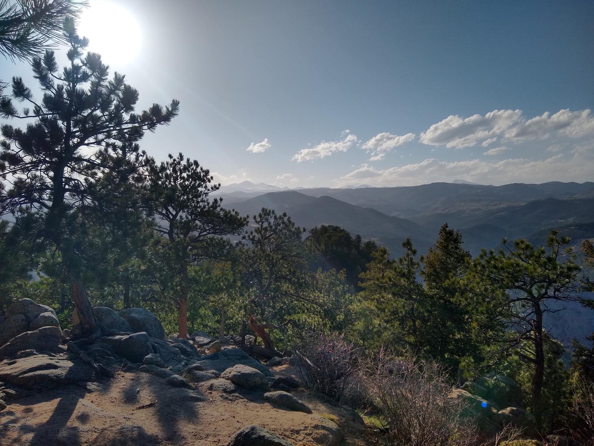 Sunny mountain landscape with pine trees and distant peaks under a bright sky.