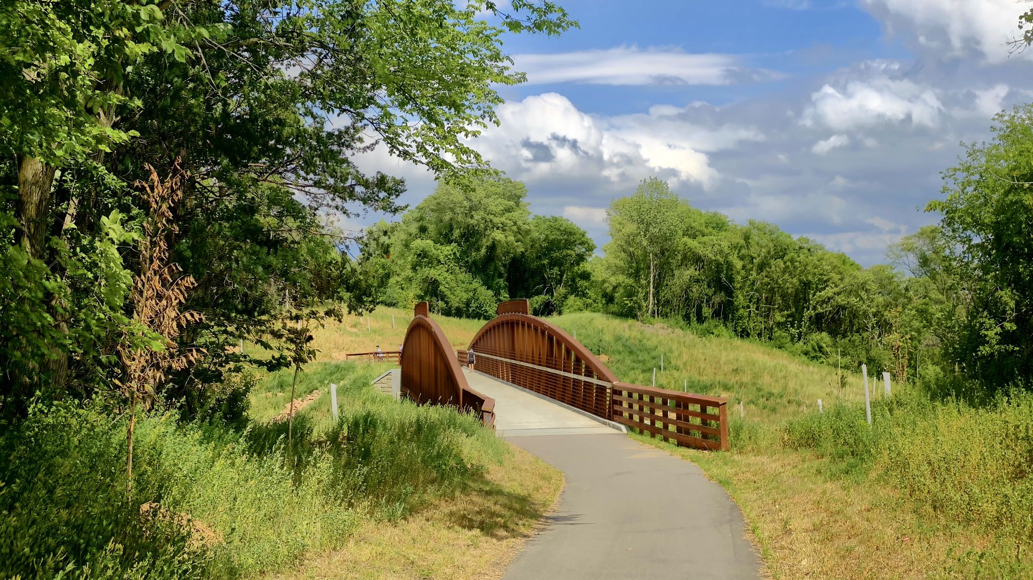 Paved path leading to a wooden arched bridge over green grass, cloudy sky. - Minnesota River Bluffs LRT Regional Trail