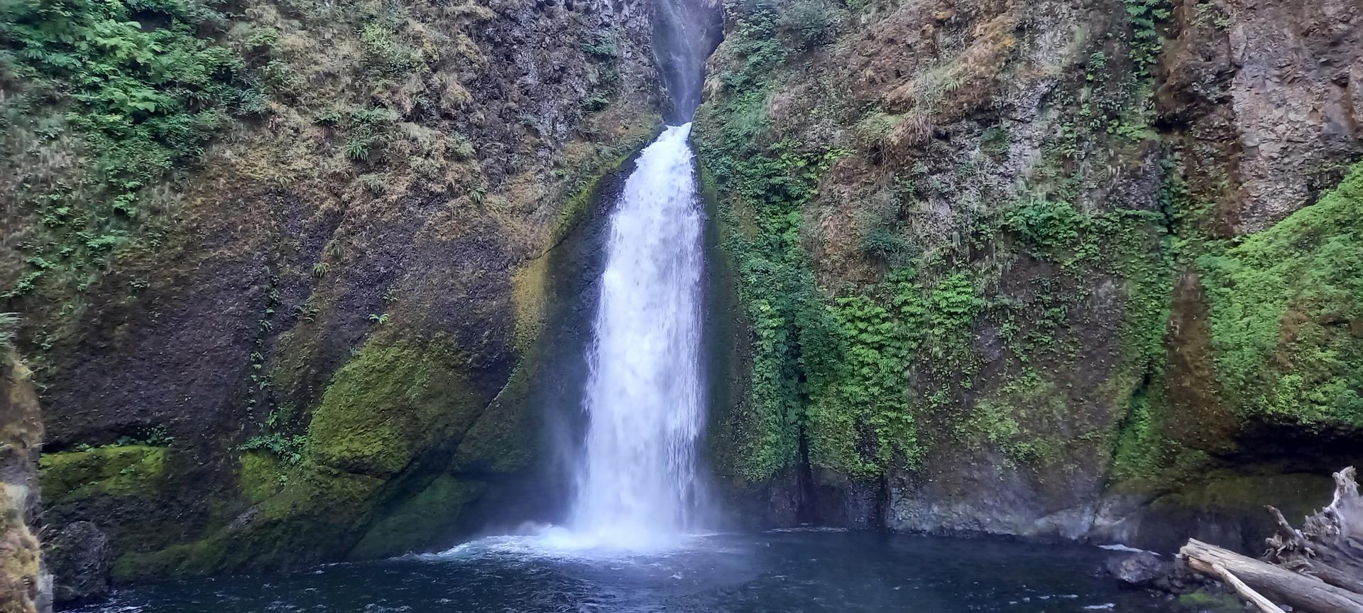 Tall waterfall cascading into a dark pool, surrounded by mossy cliffs.