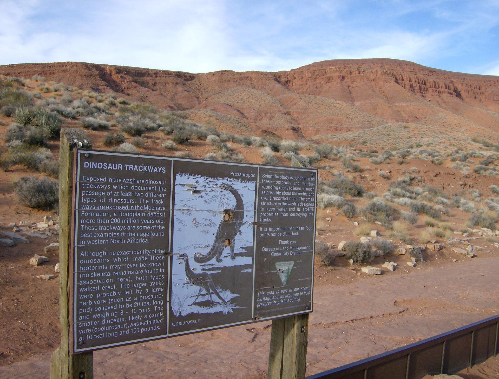 Informational sign about dinosaur trackways in a sunny, arid, rocky landscape.