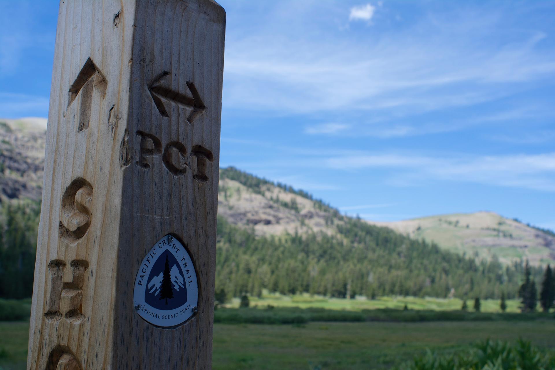 A wooden trail marker with arrows against a sunny mountain and forest landscape.