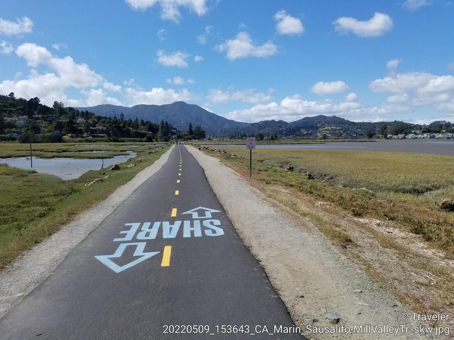 Paved path with "SHARE" leads through marshland under a bright, cloudy sky.
