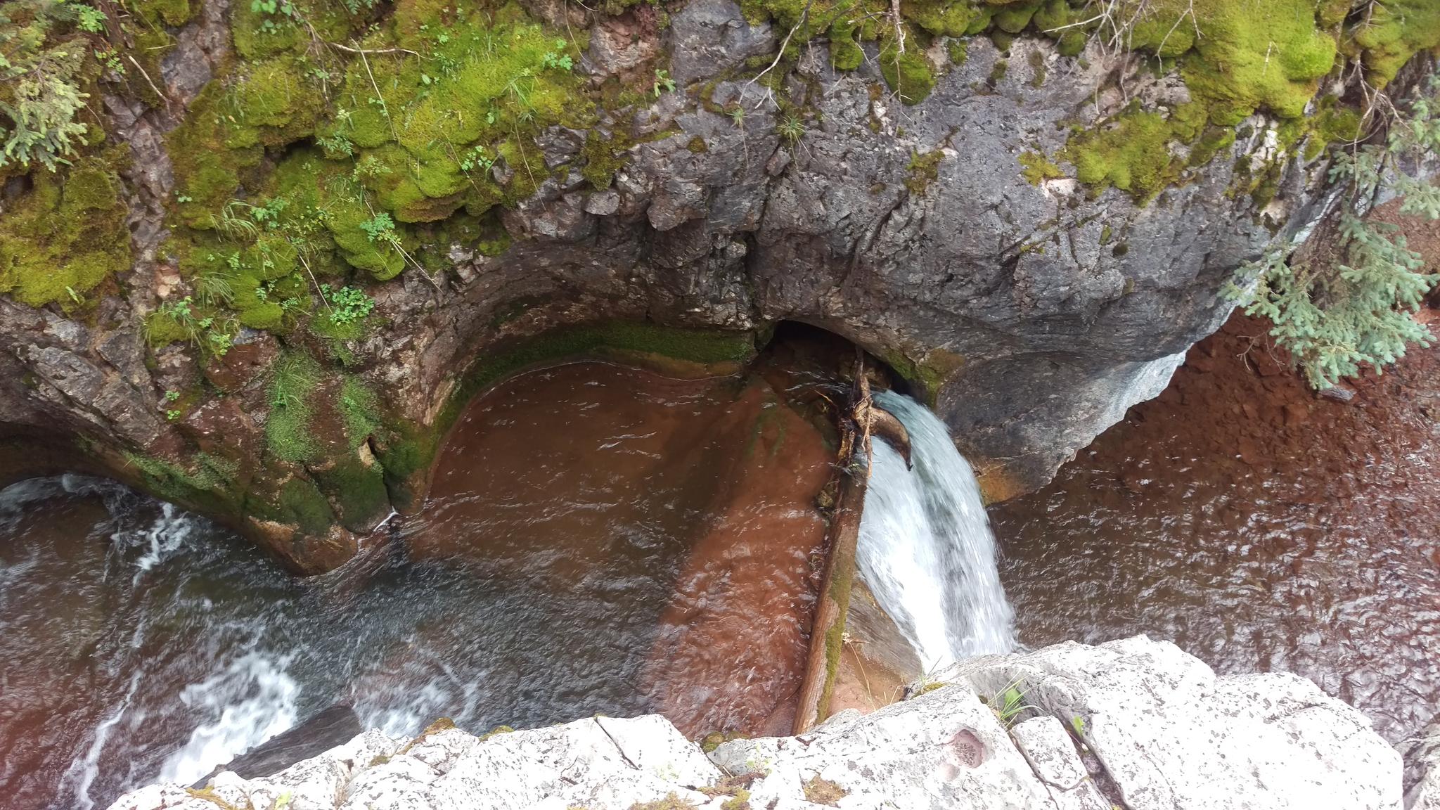 A waterfall plunges into a dark, mossy, rocky gorge with brown water.