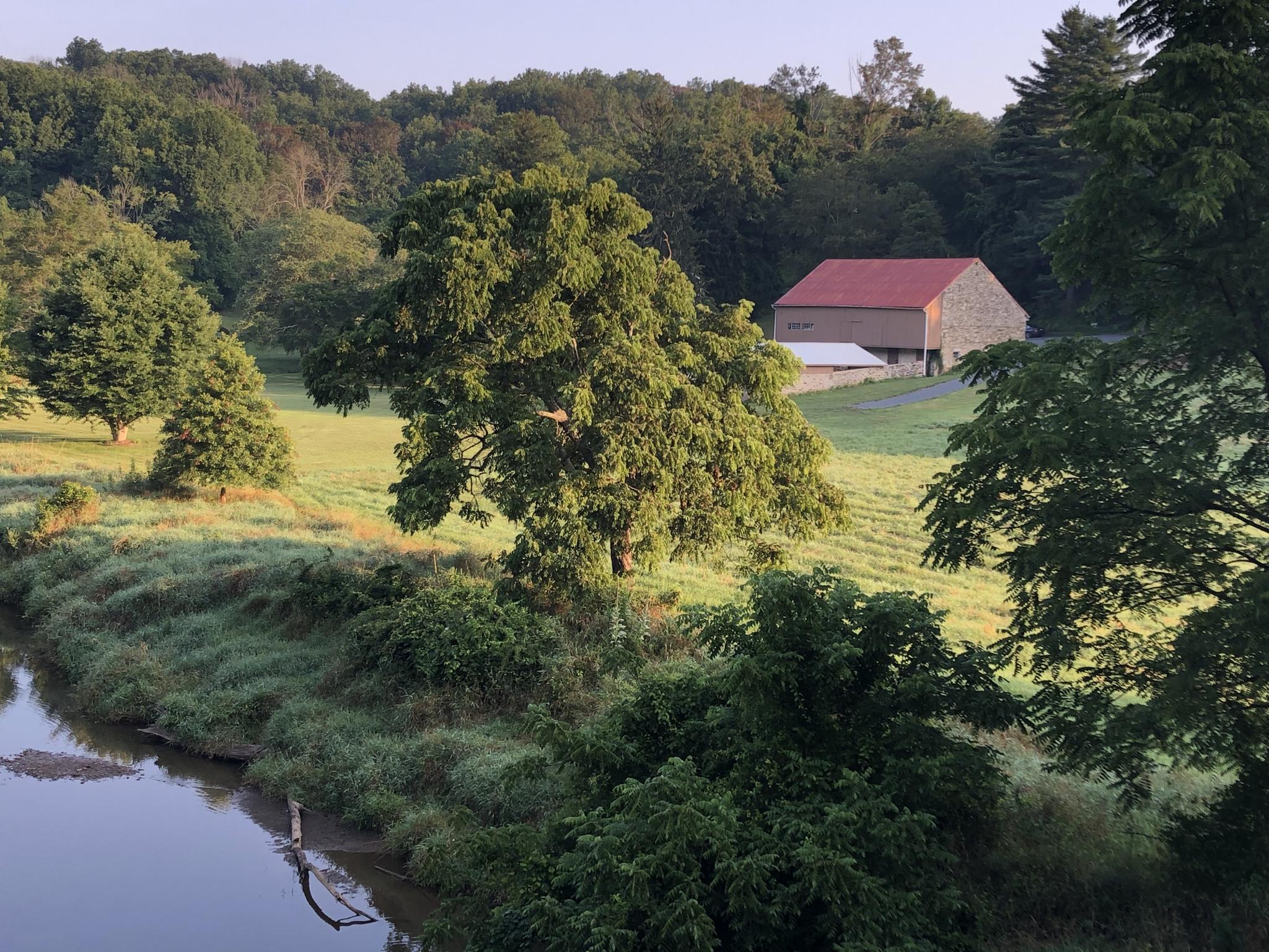 A red-roofed barn sits by a calm river, surrounded by lush green trees.