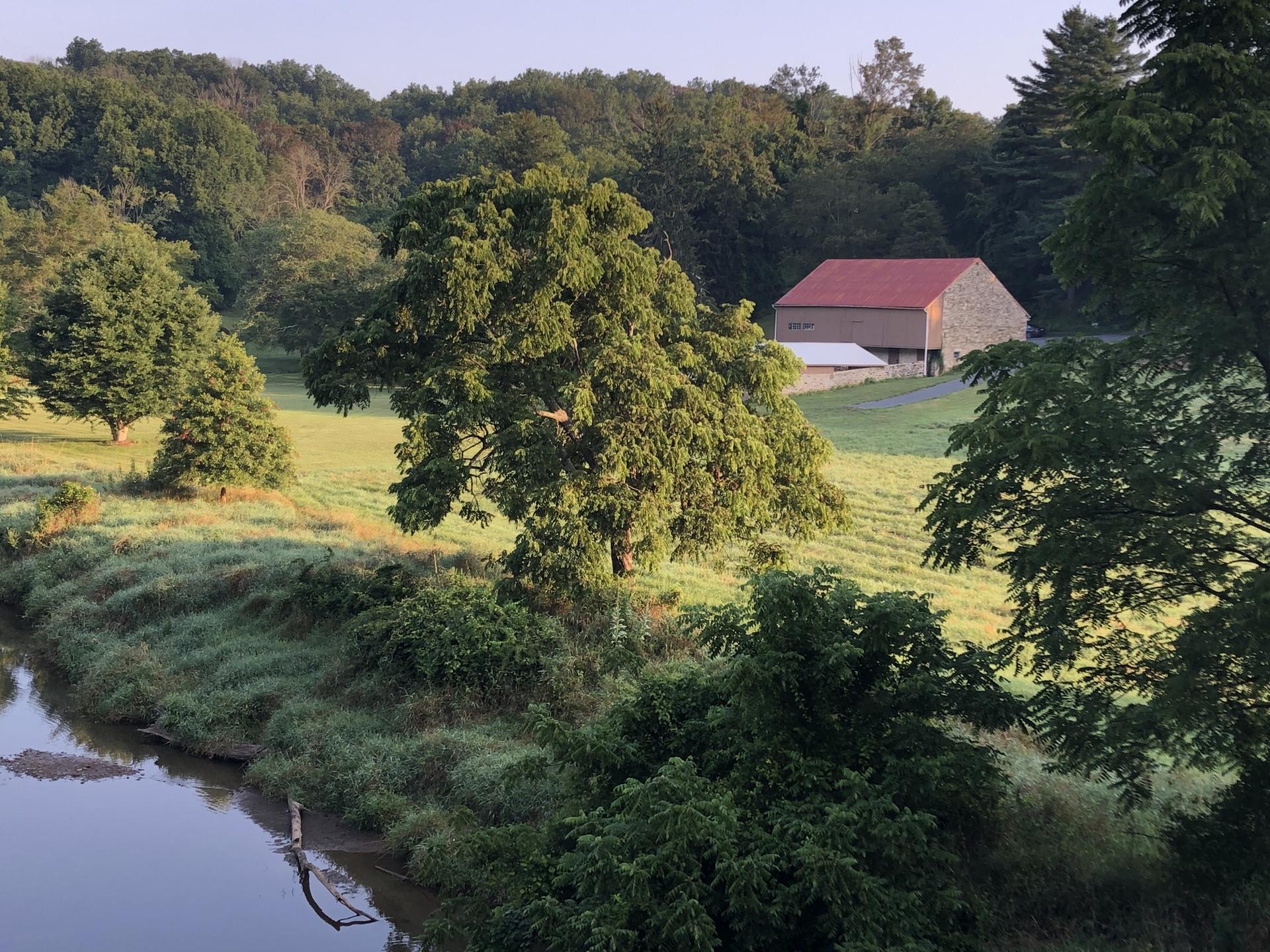 A red-roofed barn sits by a calm river, surrounded by lush green trees.