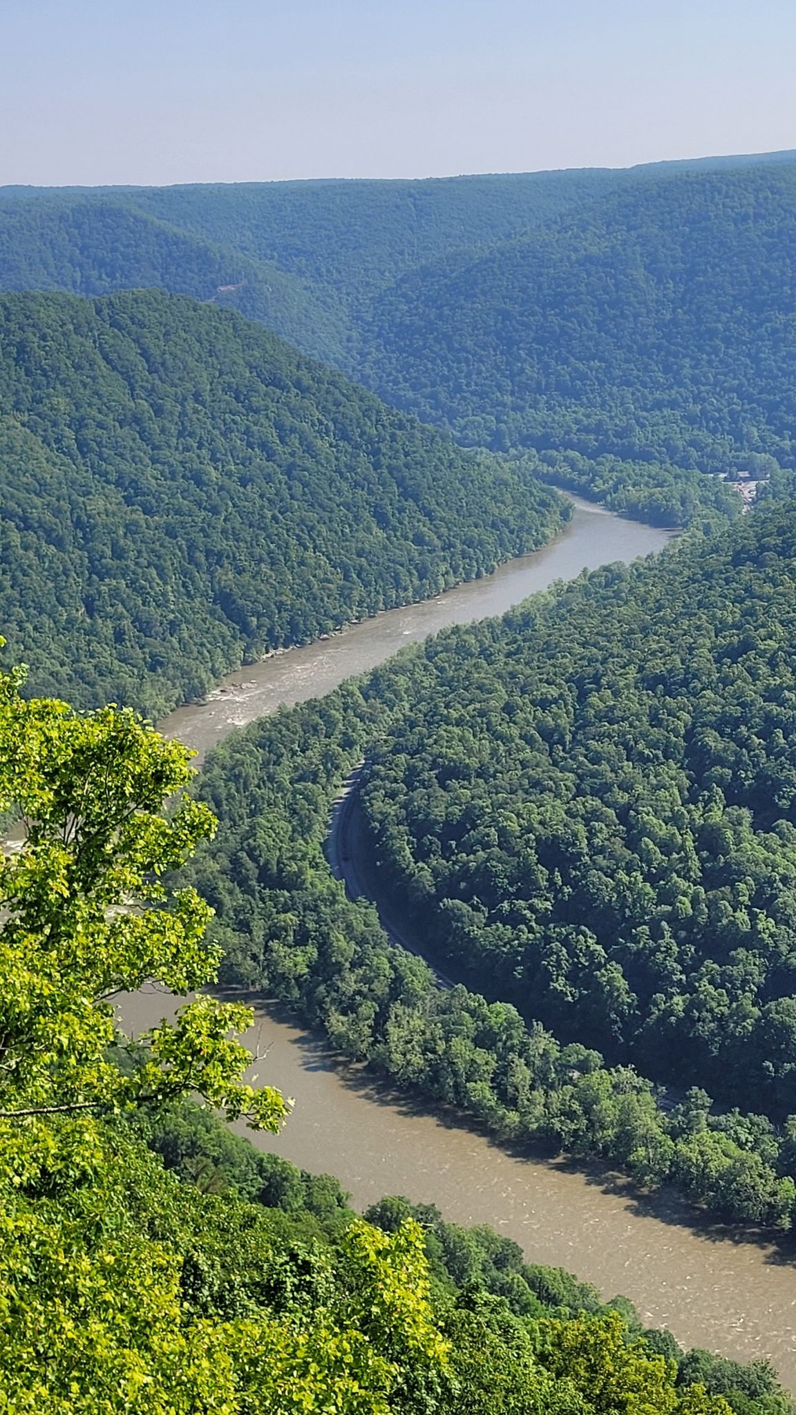 A wide river snakes through a lush green valley on a bright day. - Grandview Rim Trail