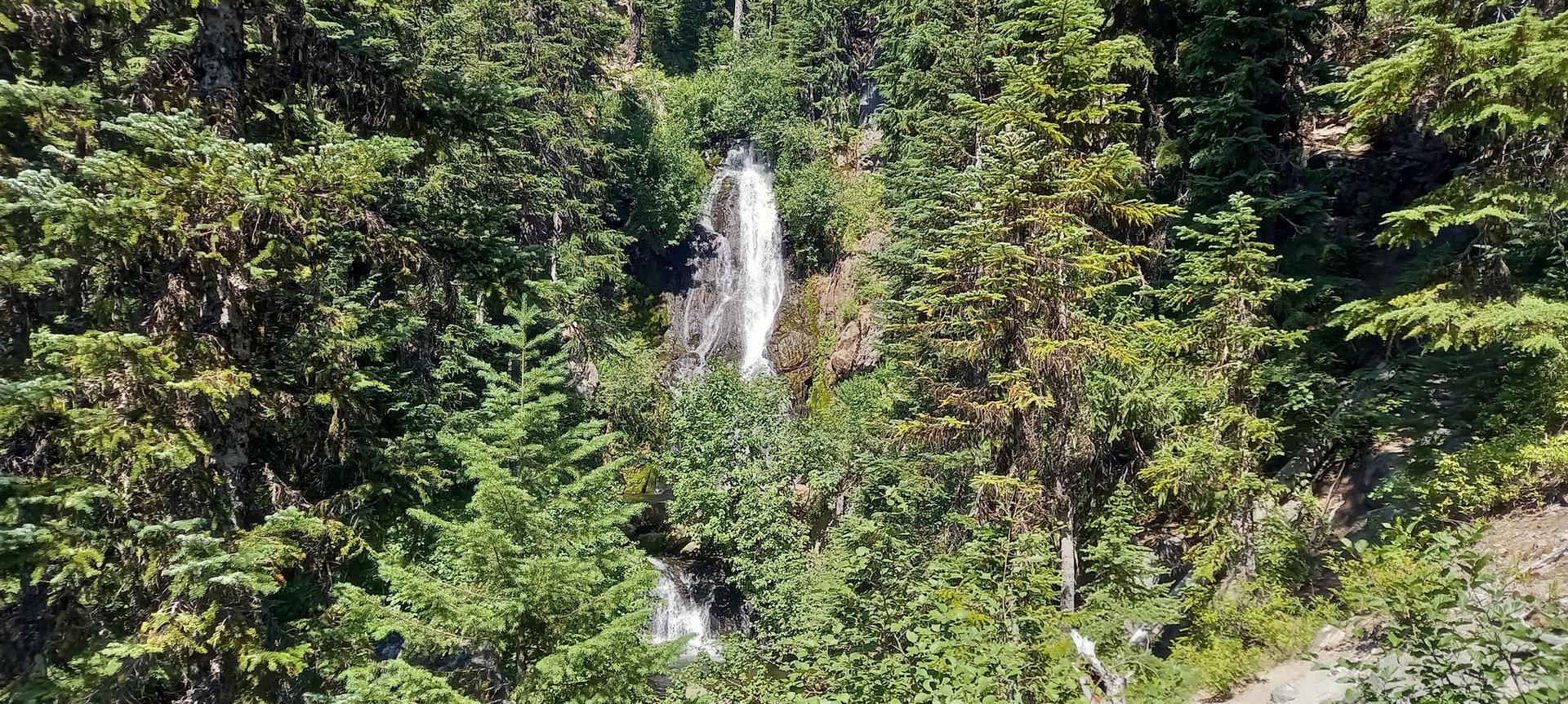 A waterfall cascades down a lush, green forested hillside in bright daylight.