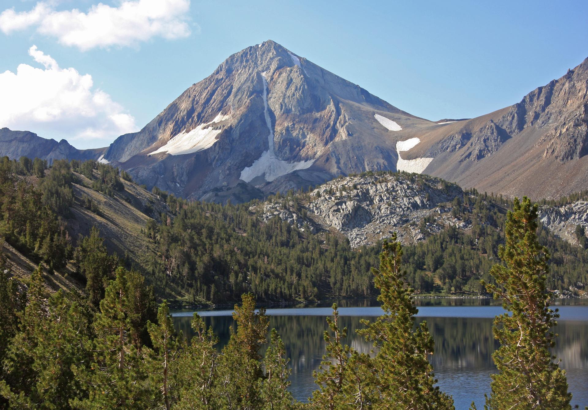 Snow-capped mountain overlooking a lake and dense pine forest, clear sky.