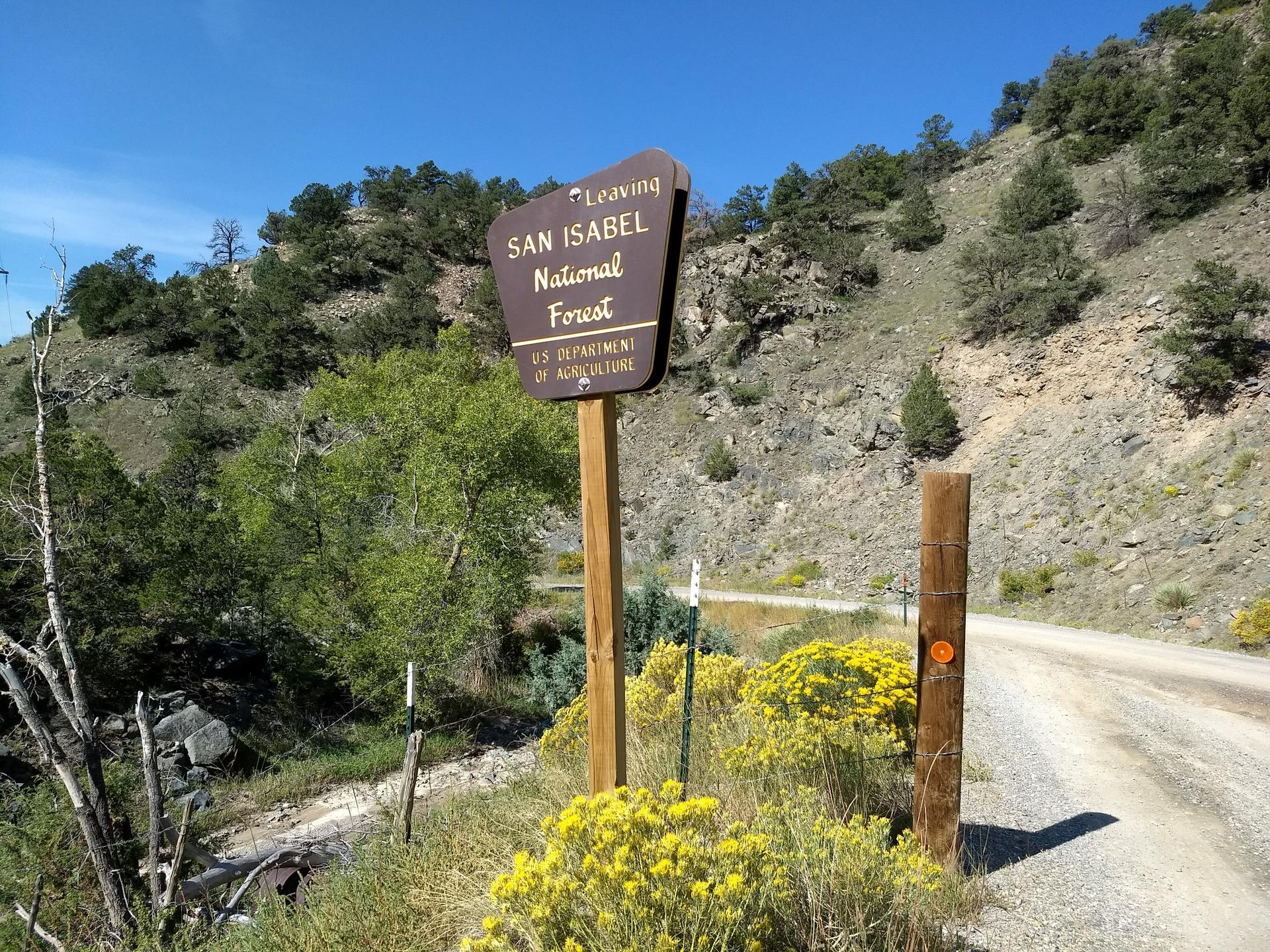 A wooden sign stands beside a dirt road, surrounded by yellow wildflowers on a sunny day.