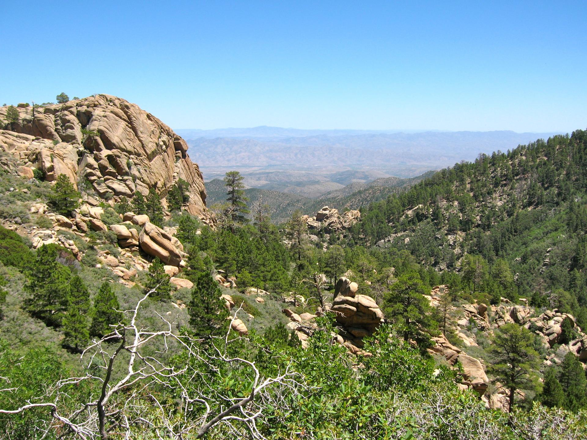 Sunny mountain landscape with large rock formations, green trees, and distant valley.