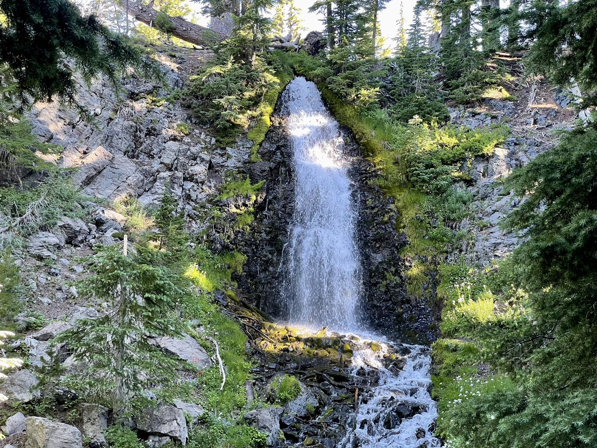 A tall waterfall cascades down a rocky, green hillside in bright sunlight.