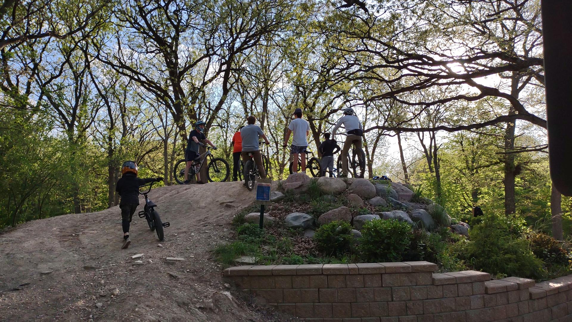 Mountain bikers gathered on a rocky mound in a sunlit forest.