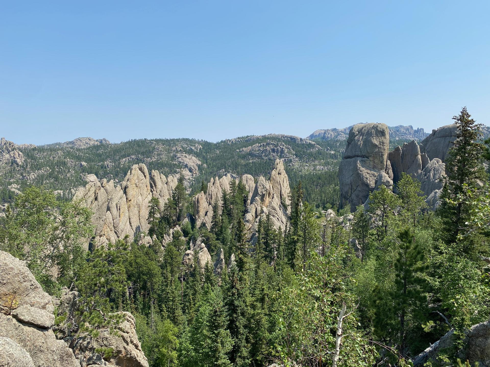 Expansive view of rocky outcrops and dense green forests stretching to distant hazy hills.