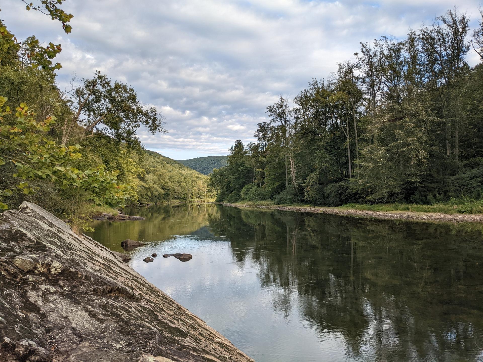 Calm river reflecting cloudy sky and lush green forest banks.