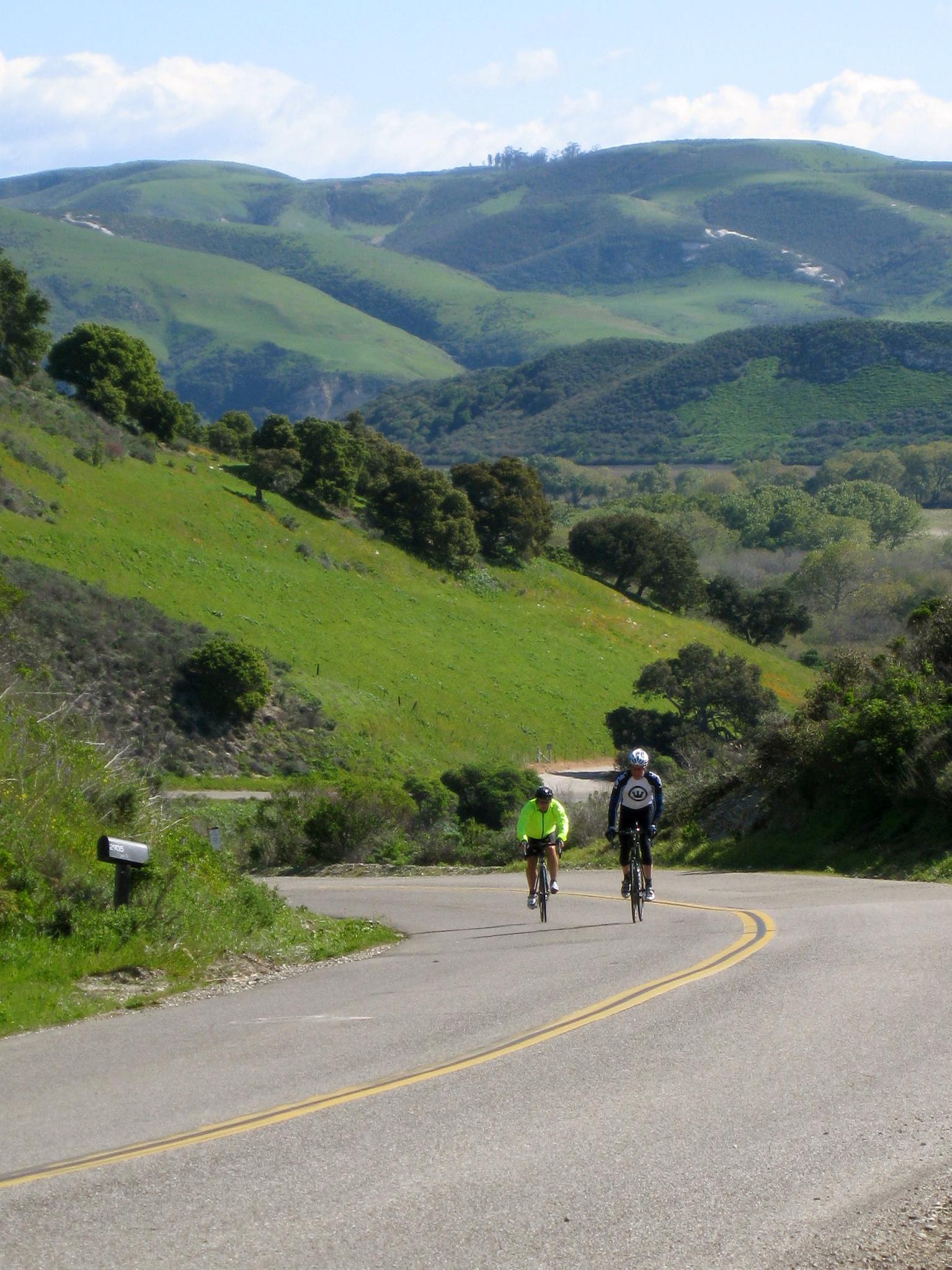 Two cyclists ride on a winding road through bright green hills under a sunny sky.