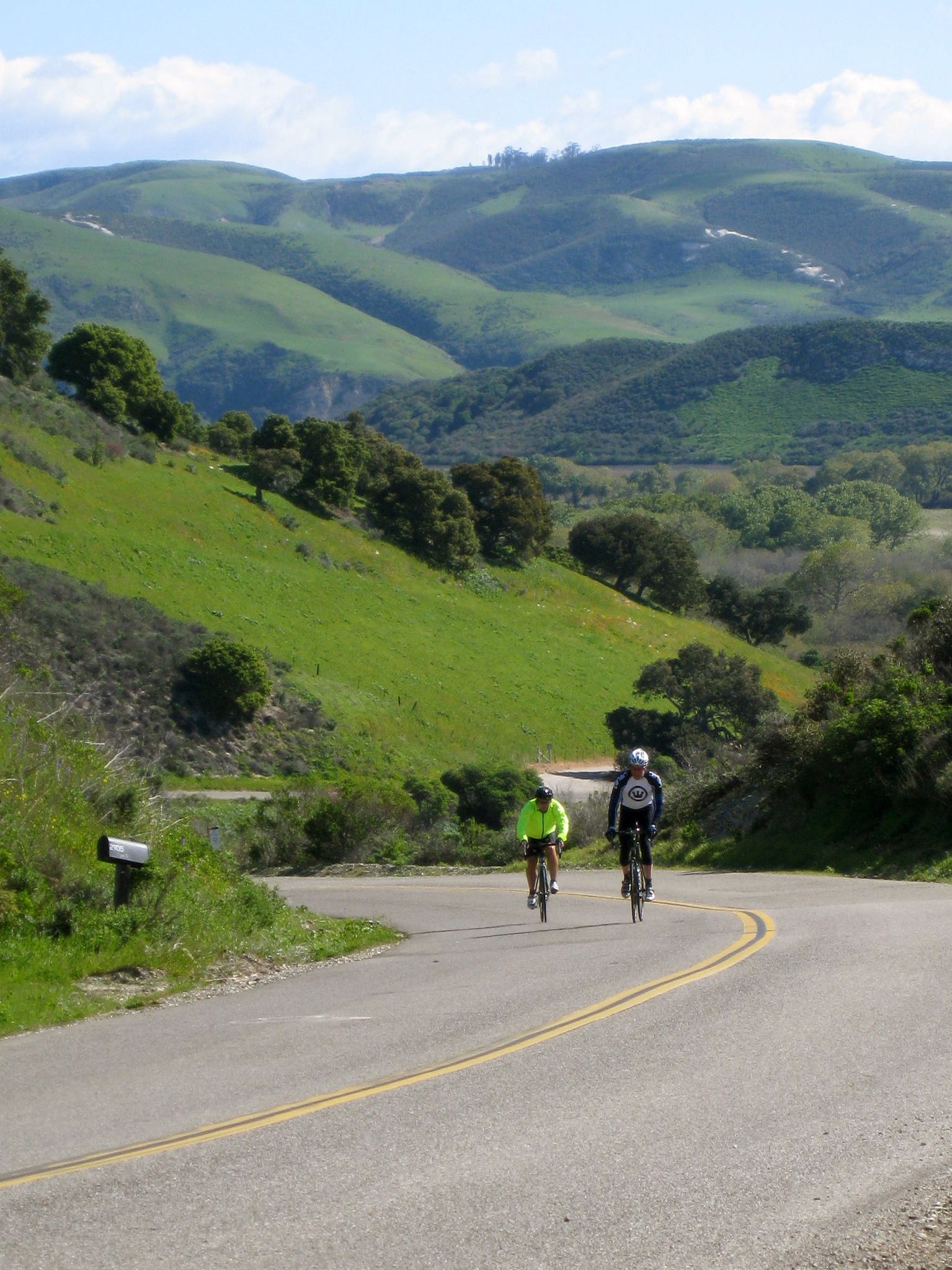 Two cyclists ride on a winding road through bright green hills under a sunny sky. - Alisos Canyon Loop
