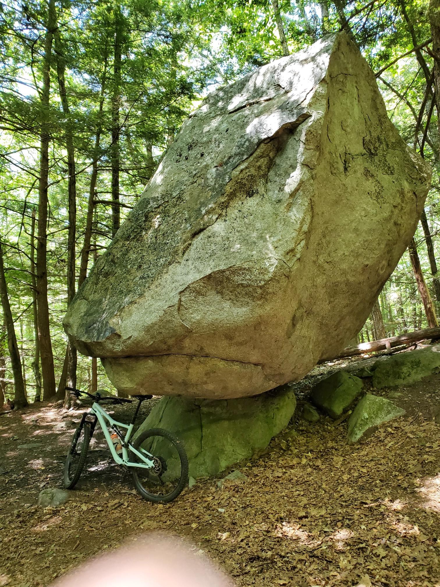 A mountain bike rests beside a massive balancing boulder in a sunny forest.