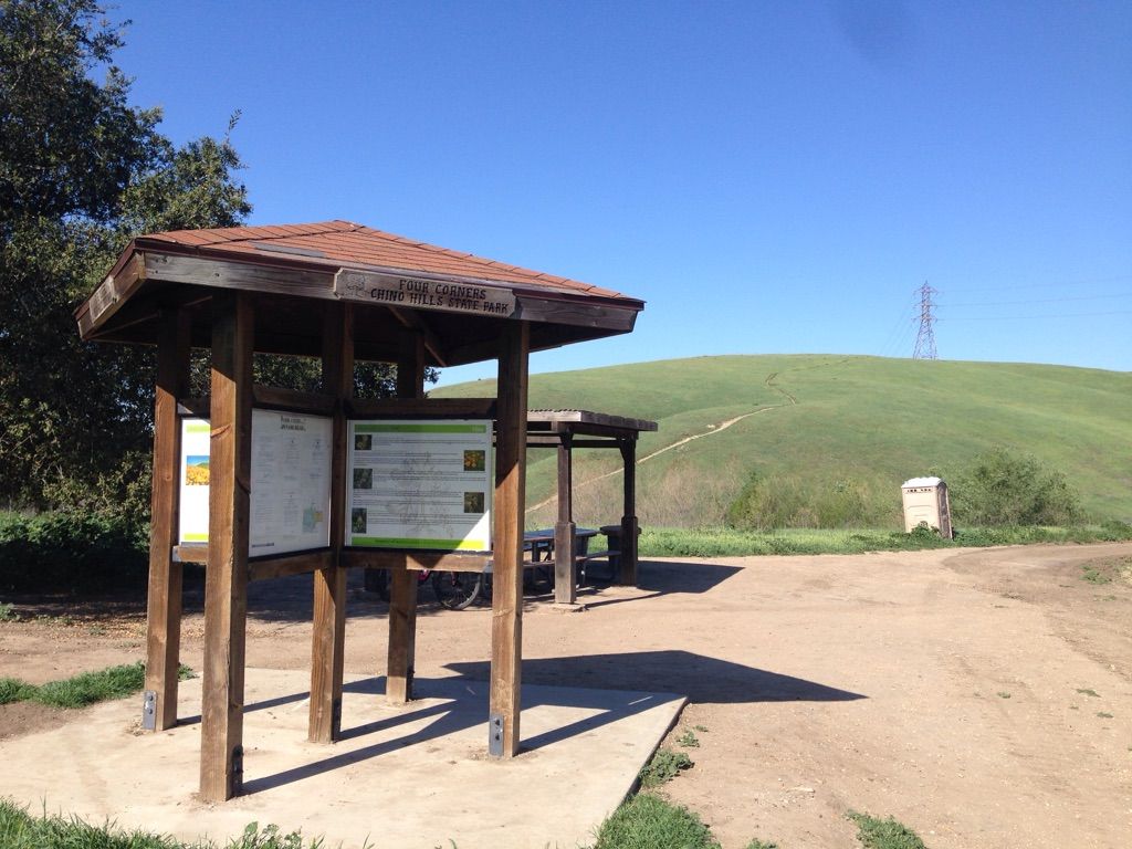 Wooden information kiosk on a dirt path with green hills under clear sky. - Four Corners – Telegraph Canyon Trail loop from Carbon Canyon Regional Park