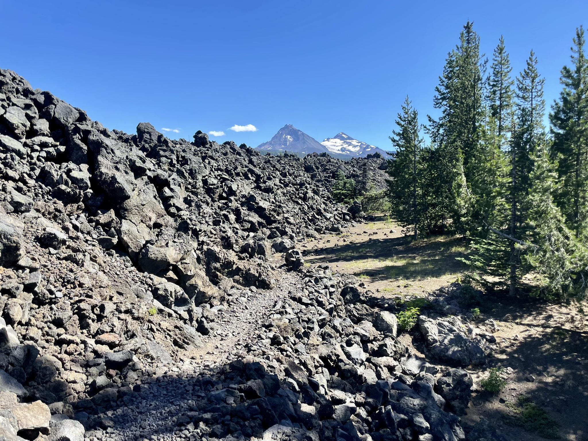A rocky path through a lava field, pine trees, and distant snowy mountains.