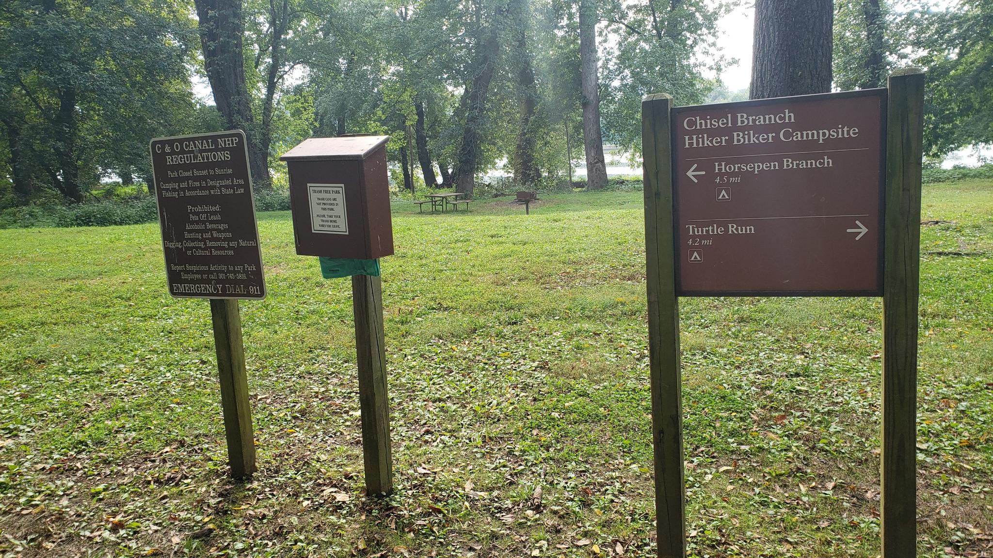 Three wooden signs stand in a grassy field with trees under diffused light.