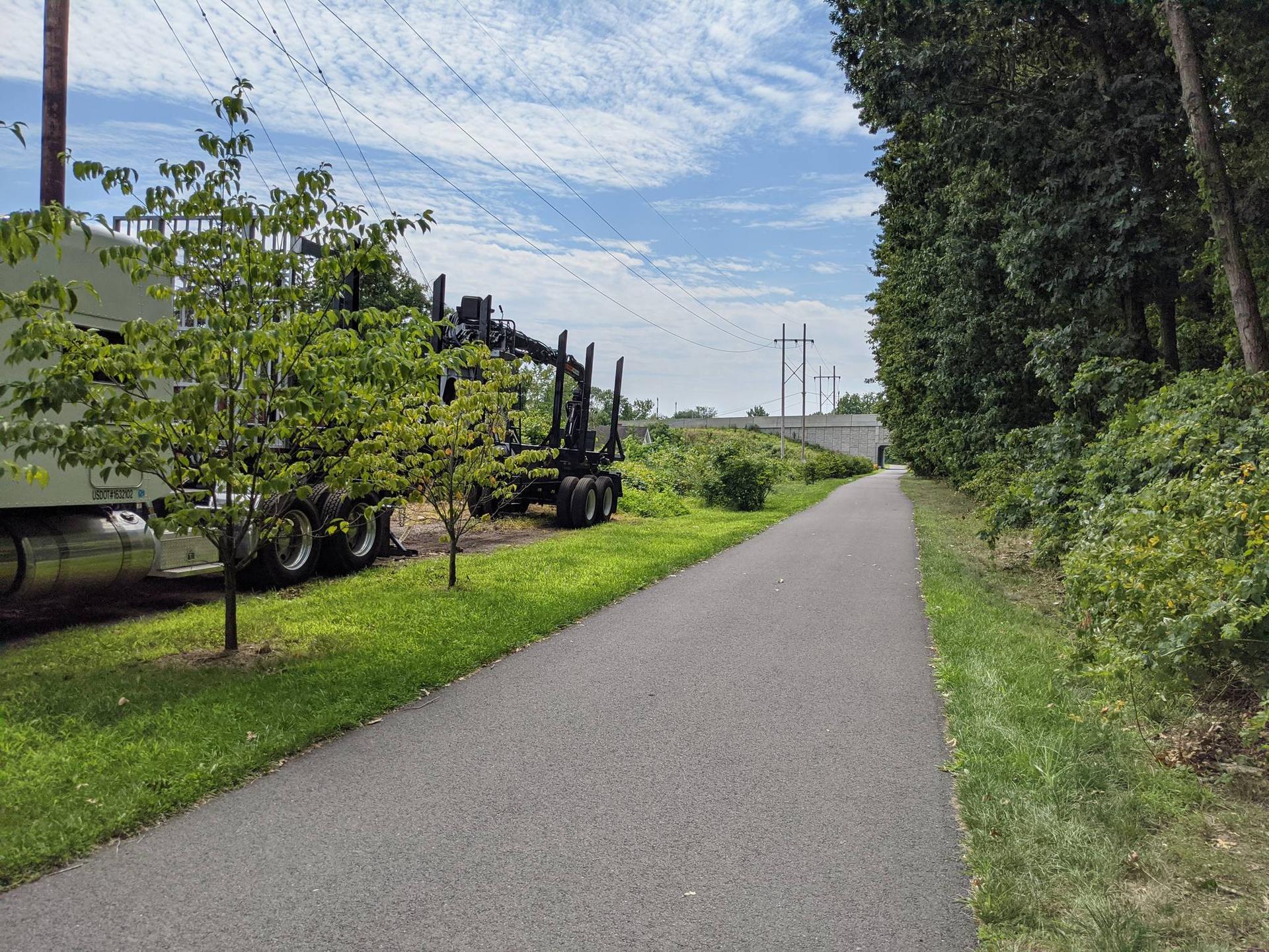 Paved path alongside a large truck and dense green trees on a sunny day.