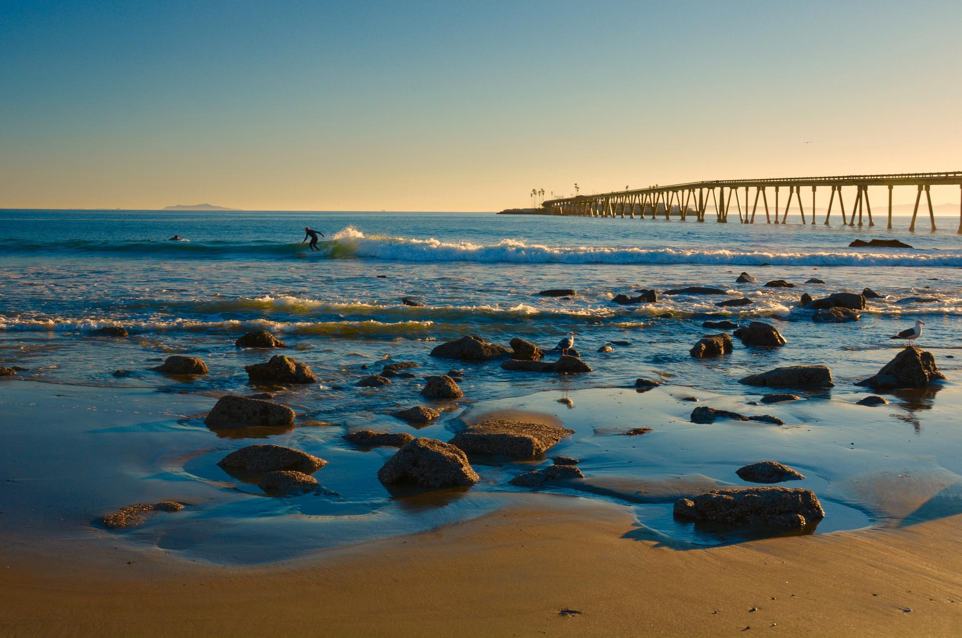 Surfer in golden ocean waves near a pier with rocks in foreground.