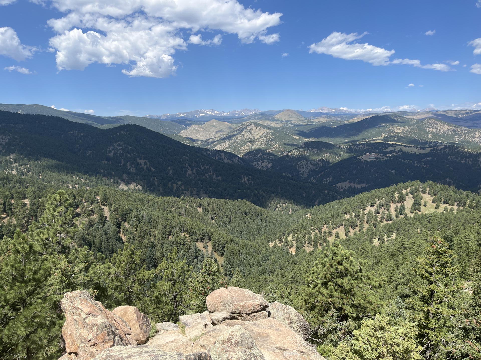 Sunny mountain vista with rocky foreground, dense pine forests, and distant peaks.