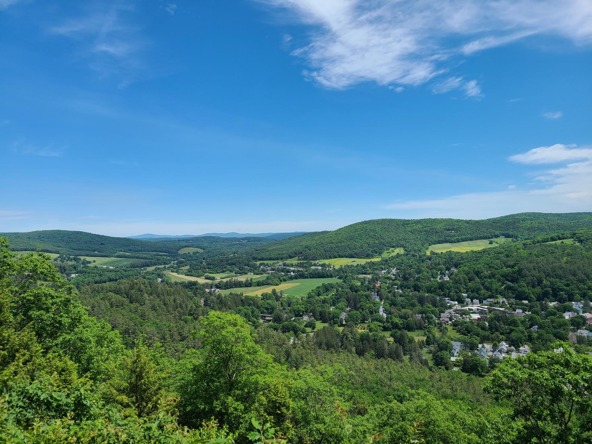 Panoramic view of green forested hills and a distant town under blue sky.