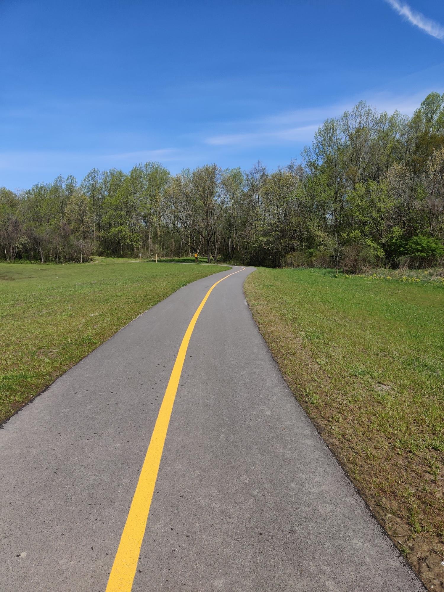 Paved path with yellow line through green fields, under a clear blue sky.