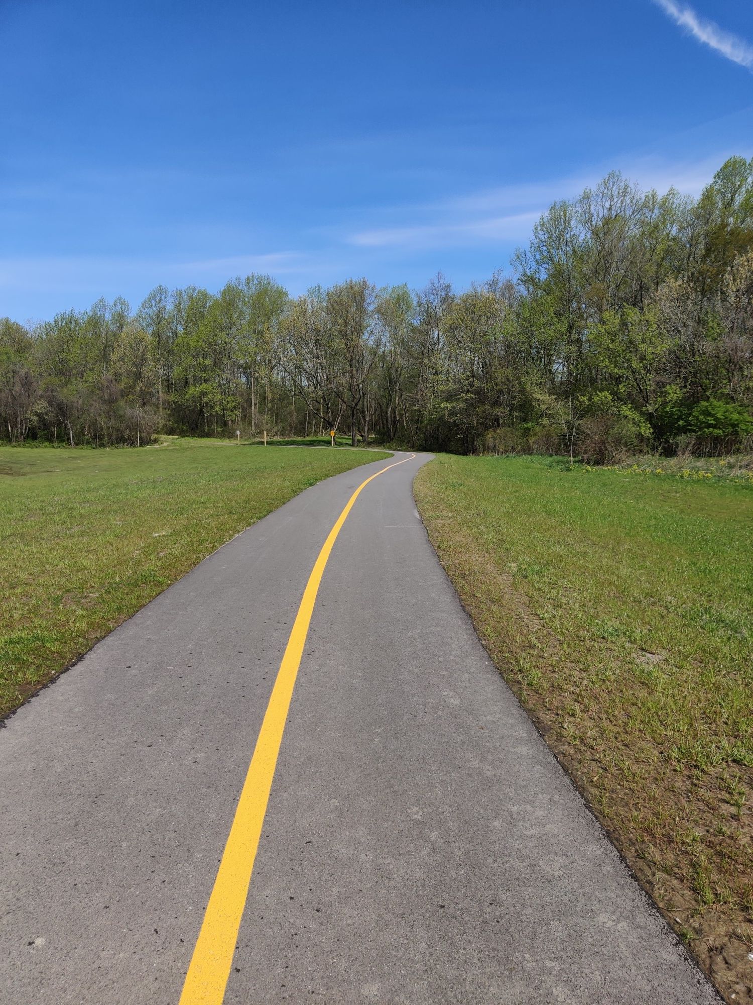Paved path with yellow line through green fields, under a clear blue sky. - Tinley Creek Red Loop