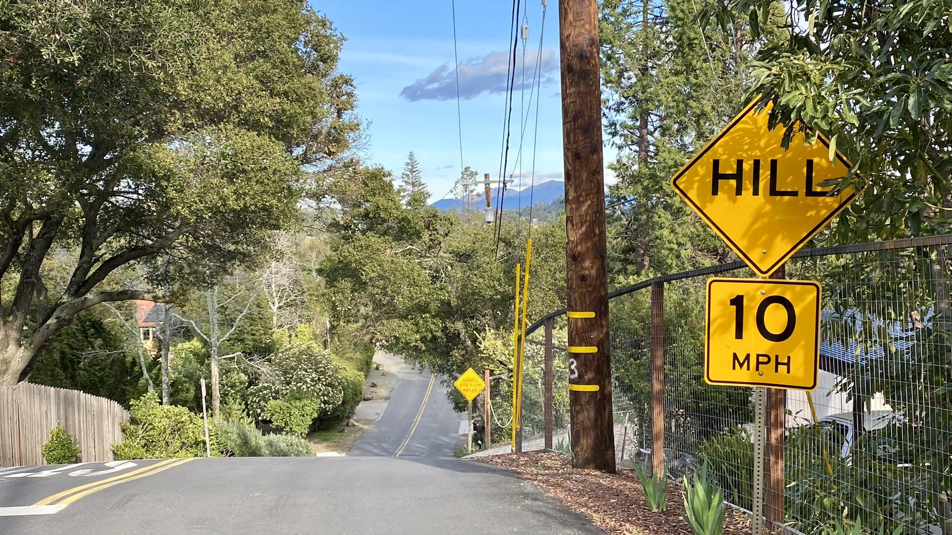 Steep paved road with "HILL" and "10 MPH" signs, surrounded by trees.