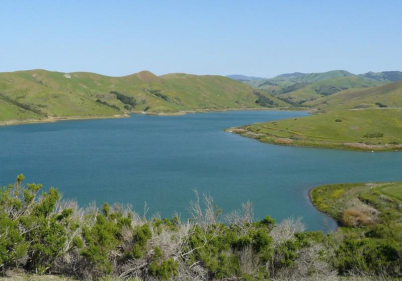 Expansive blue lake nestled among lush green hills on a sunny day.