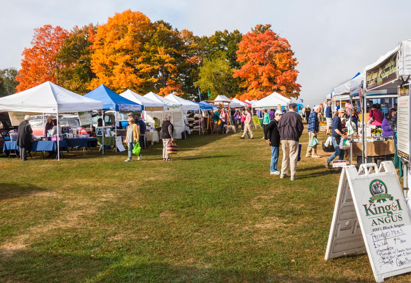 People browse an outdoor market with many tents and colorful autumn trees under bright daylight.