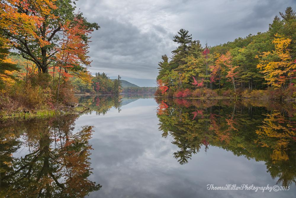 Calm lake reflecting vibrant autumn trees under a cloudy sky.