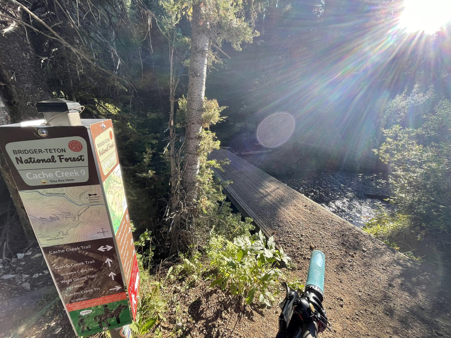 Trail sign next to a wooden bridge over water, sun shining through trees.