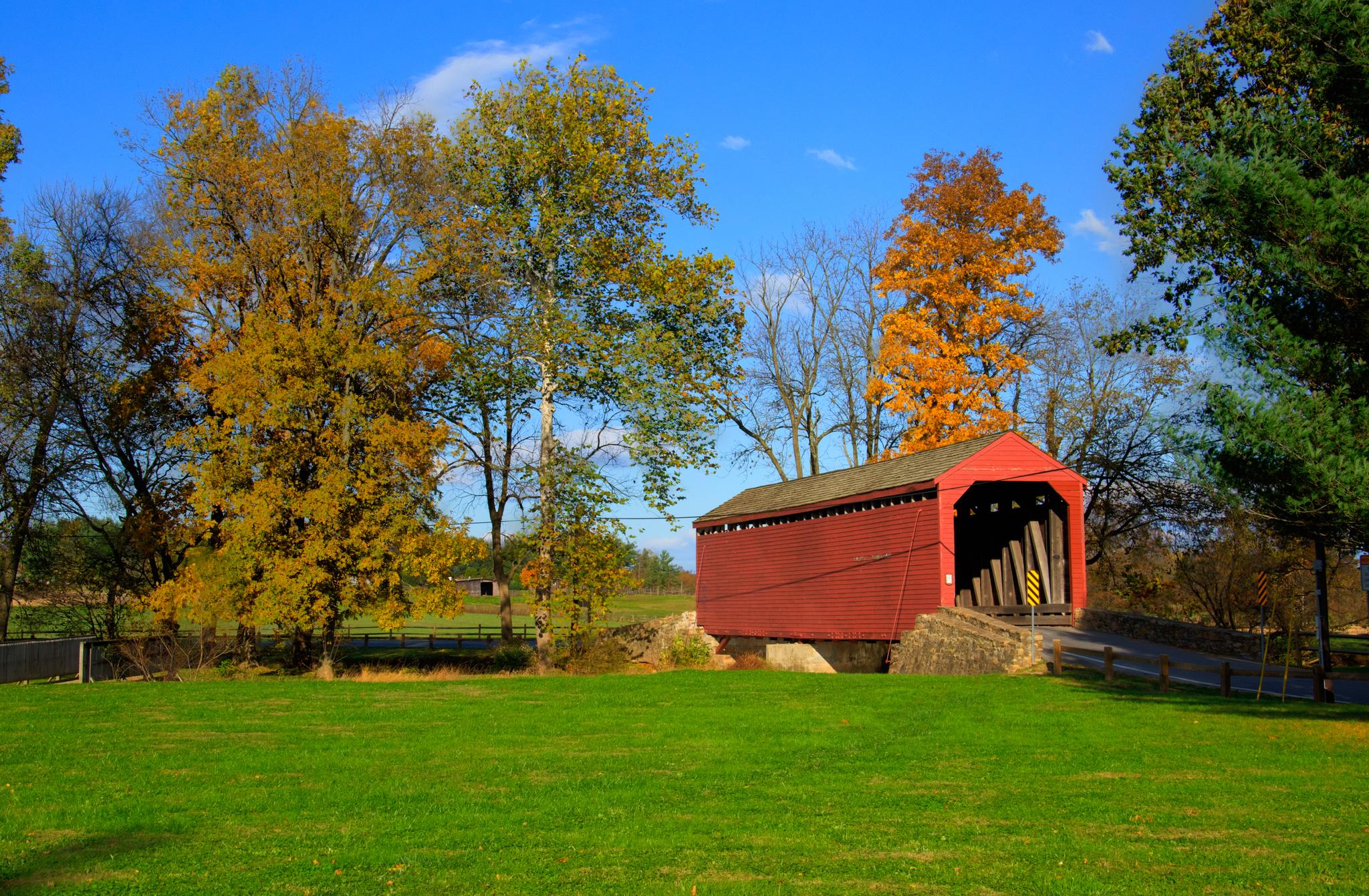Red covered bridge surrounded by colorful autumn trees and green grass.