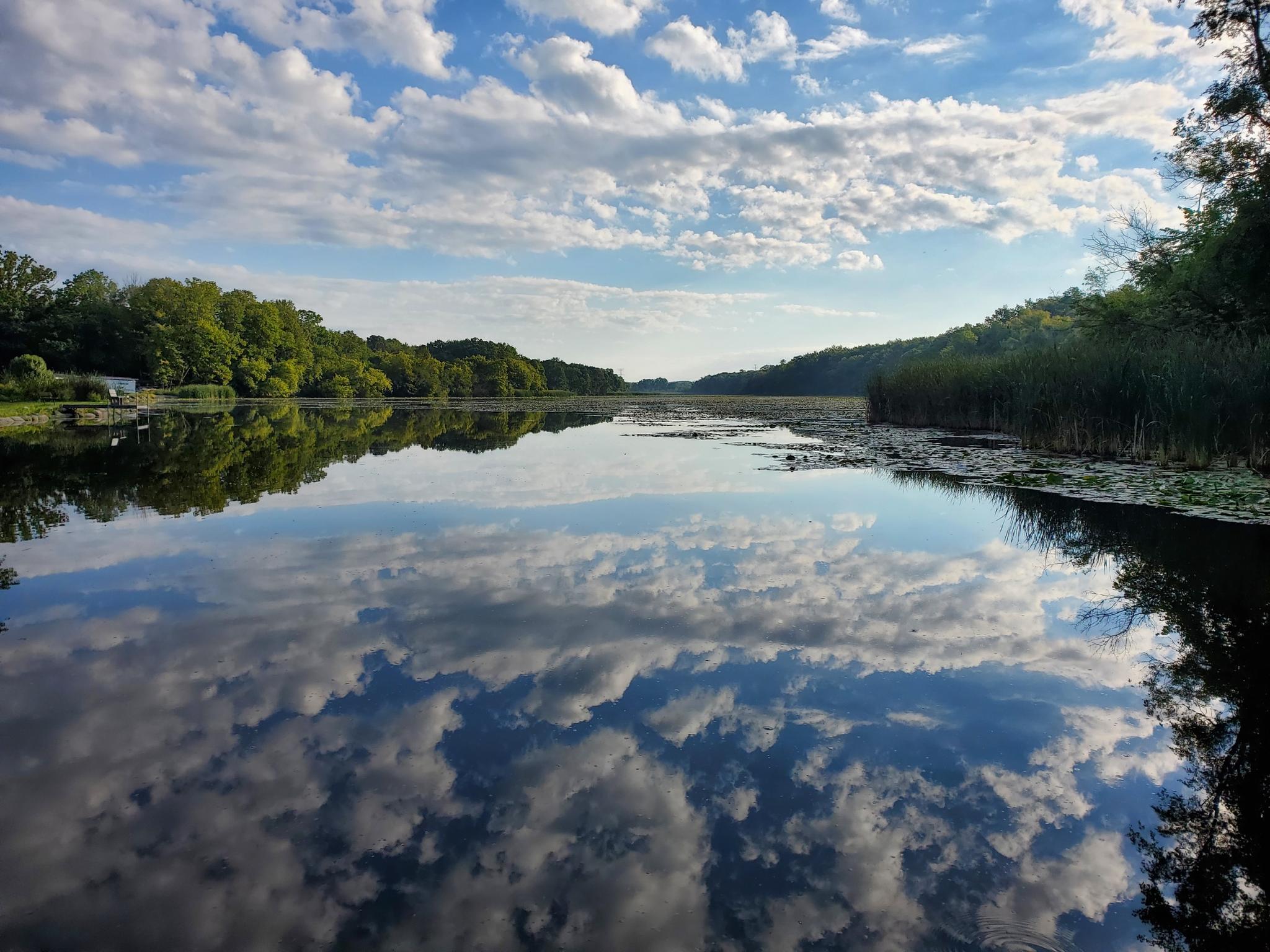 Wide lake reflecting dramatic white clouds and blue sky, surrounded by trees.