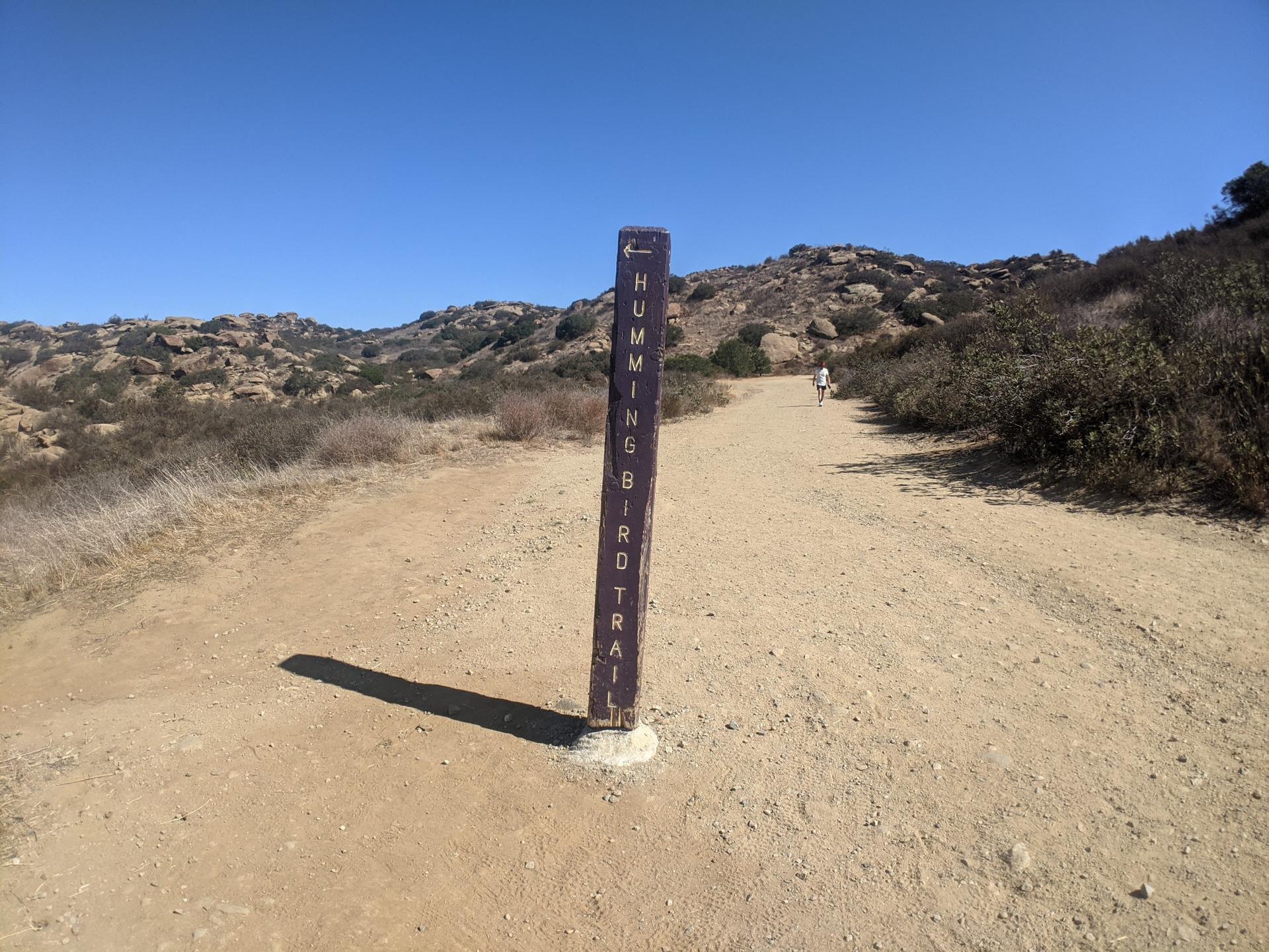 Trail sign on a dirt path, pointing left, with distant hills and a person.