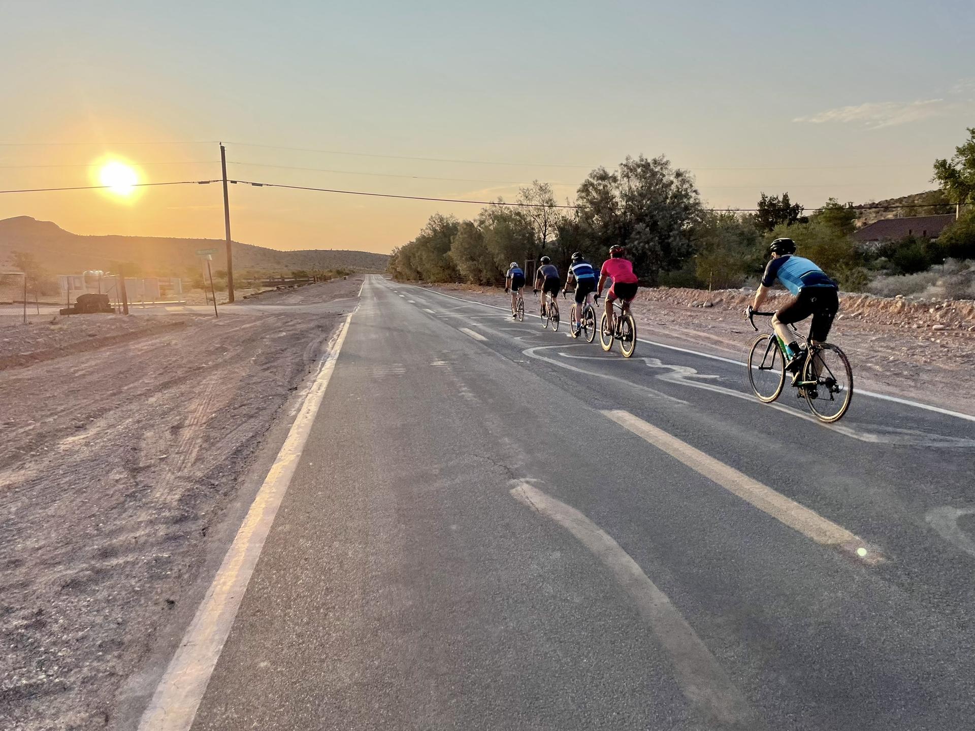 Group of cyclists riding on a road at sunset, warm golden light.