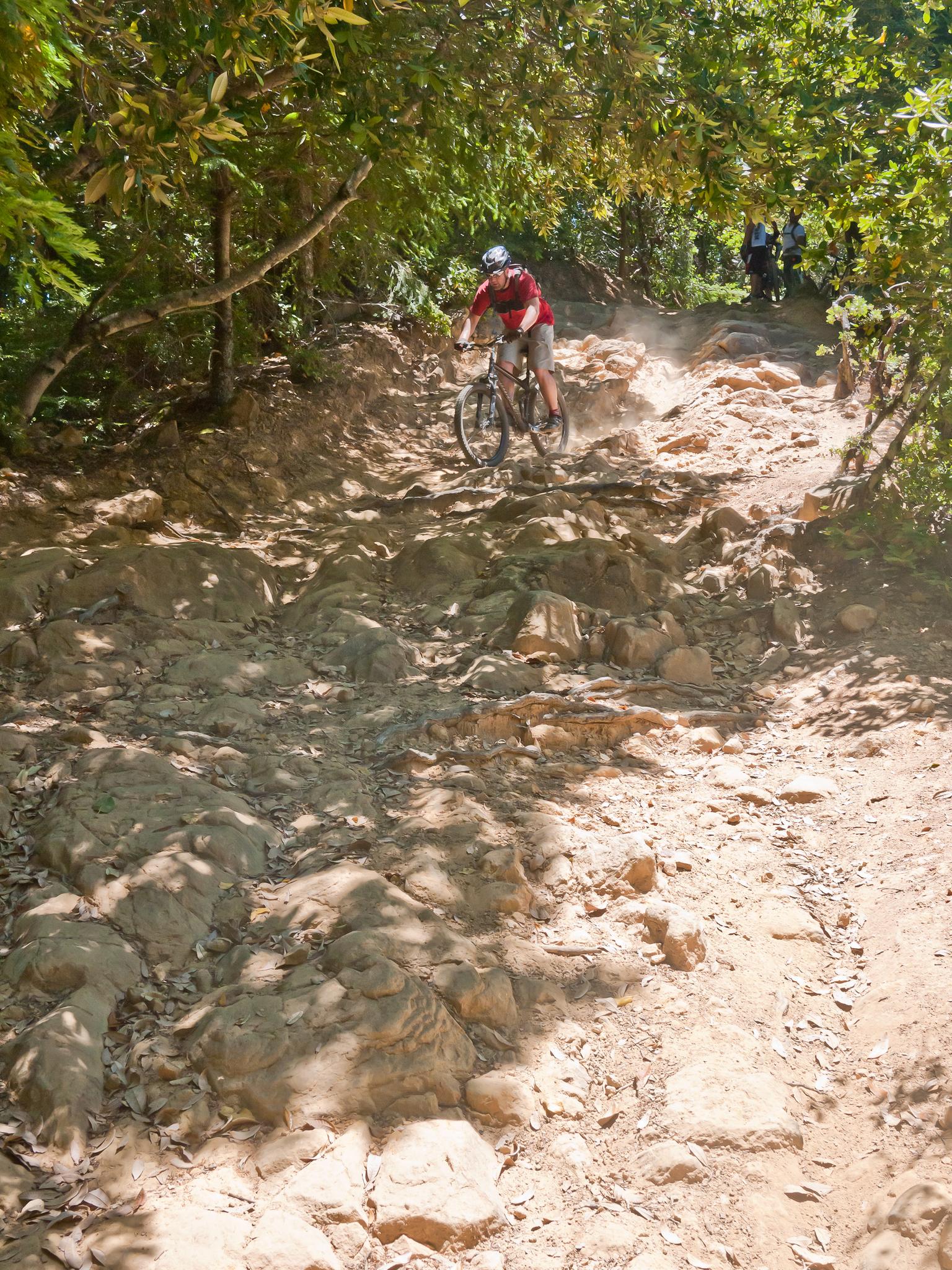Mountain biker descending a very rocky, dusty trail in bright sunlight.
