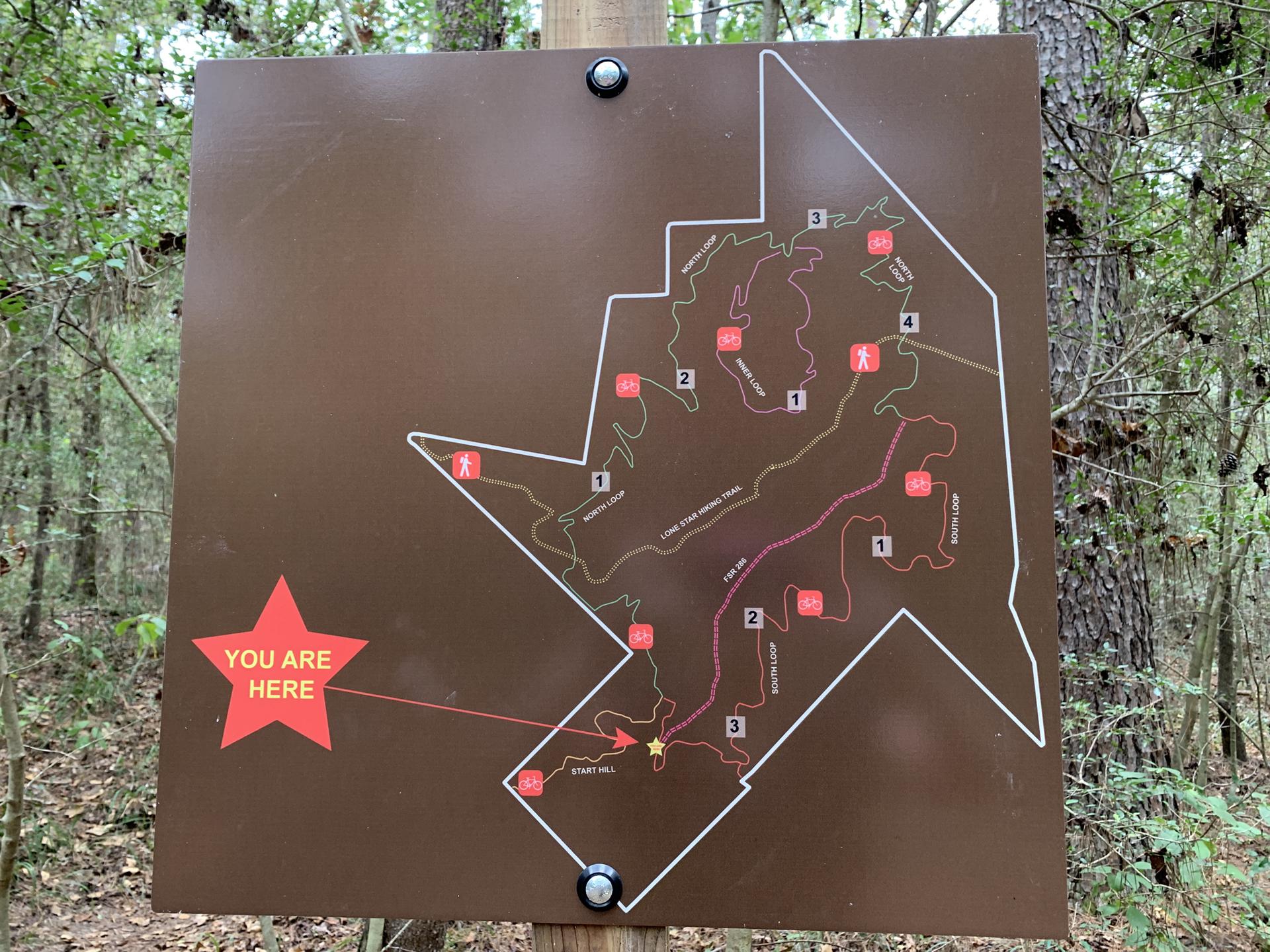 A brown trail map sign with a red star in a green forest.