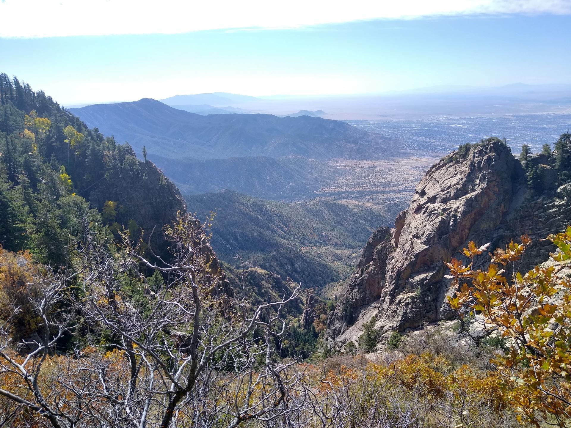 Expansive view of a deep mountain valley with forested slopes and a distant plain.