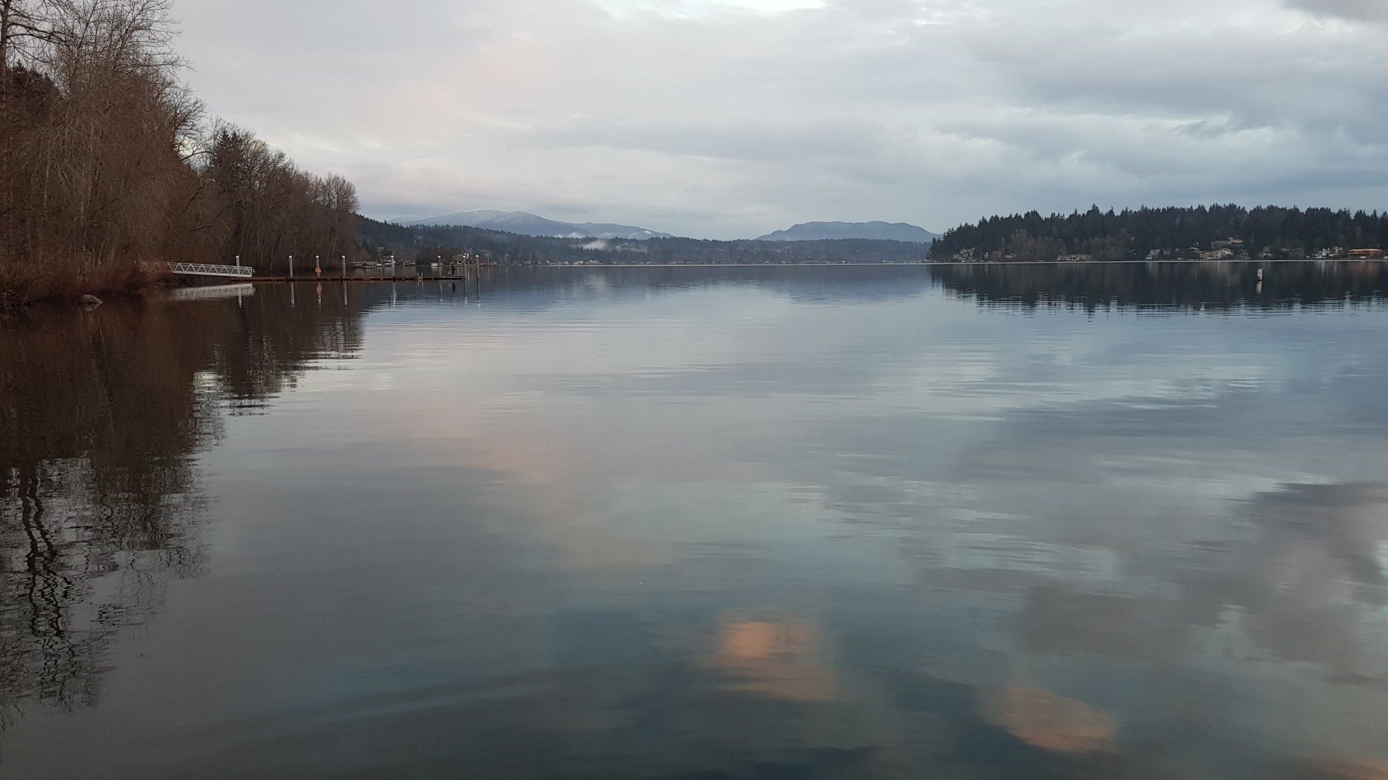 Calm lake reflecting a cloudy sky, with forested shores and distant mountains. - Lake Sammamish Loop
