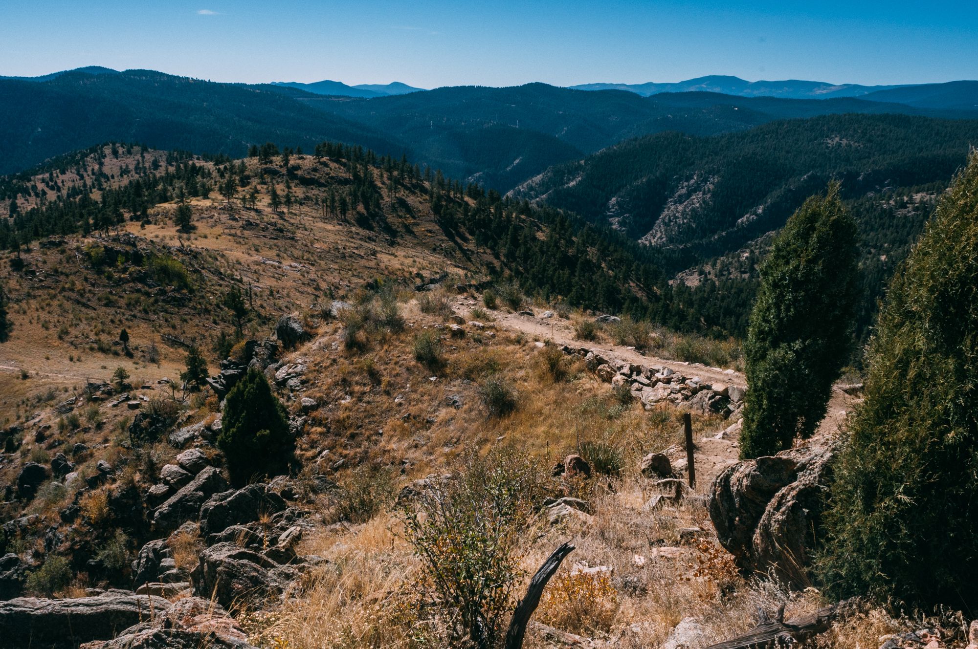 Sunny view of dry, rocky hills with scattered trees and distant mountains. - Centennial Cone Trail Run