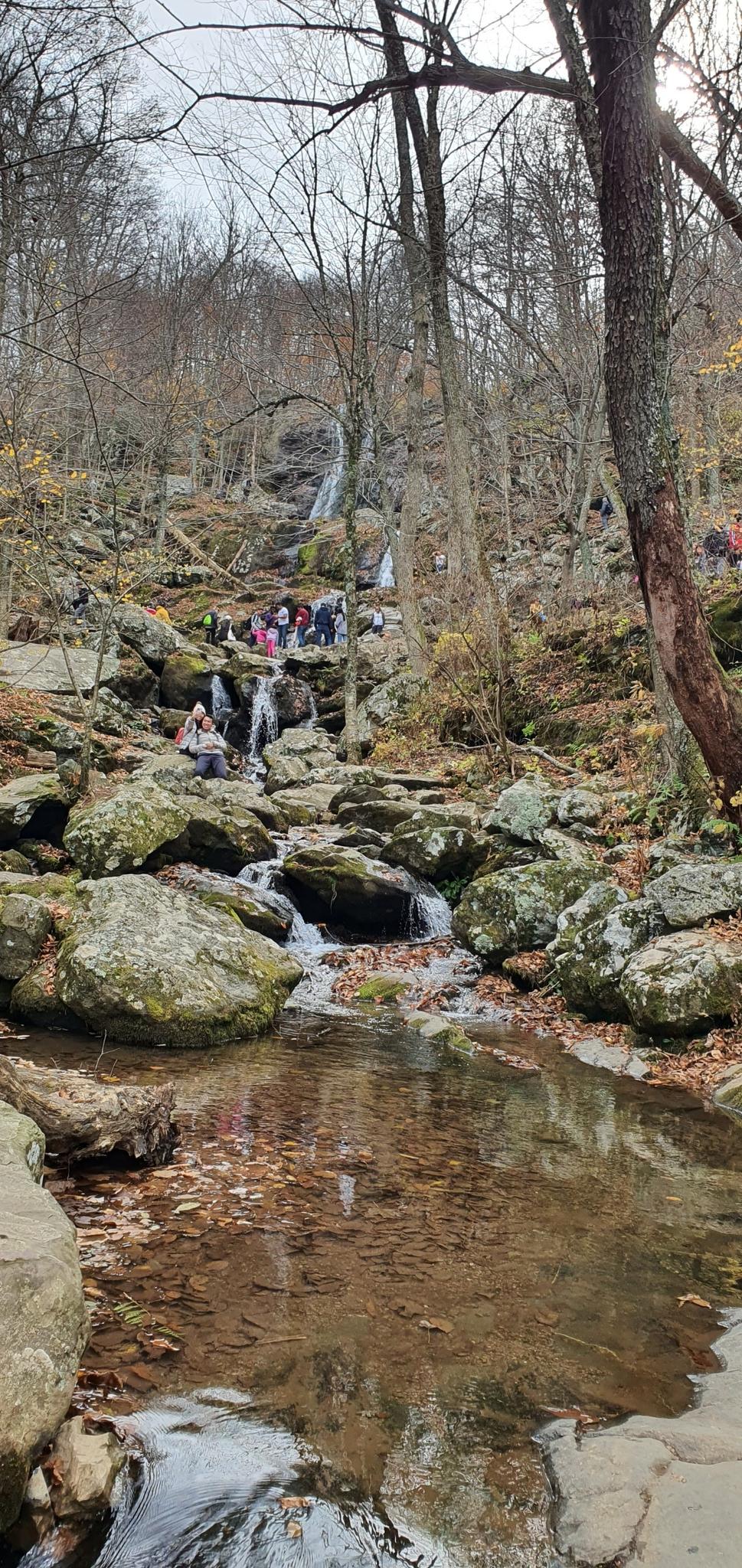 People gathered near a multi-tiered waterfall in a rocky, leafless forest.